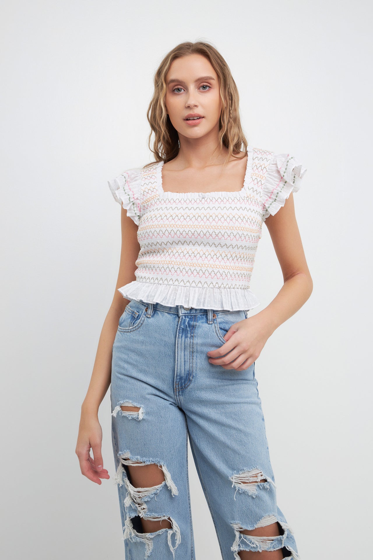 FREE THE ROSES - Smocked Multi Color Embroidered Crop Top - TOPS available at Objectrare