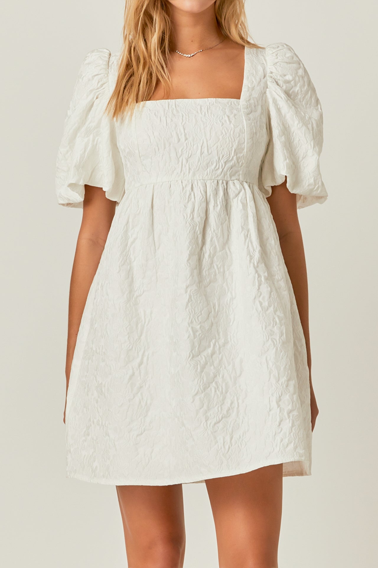 ENDLESS ROSE - Open Back Floral Jacquard Puff Dress - DRESSES available at Objectrare