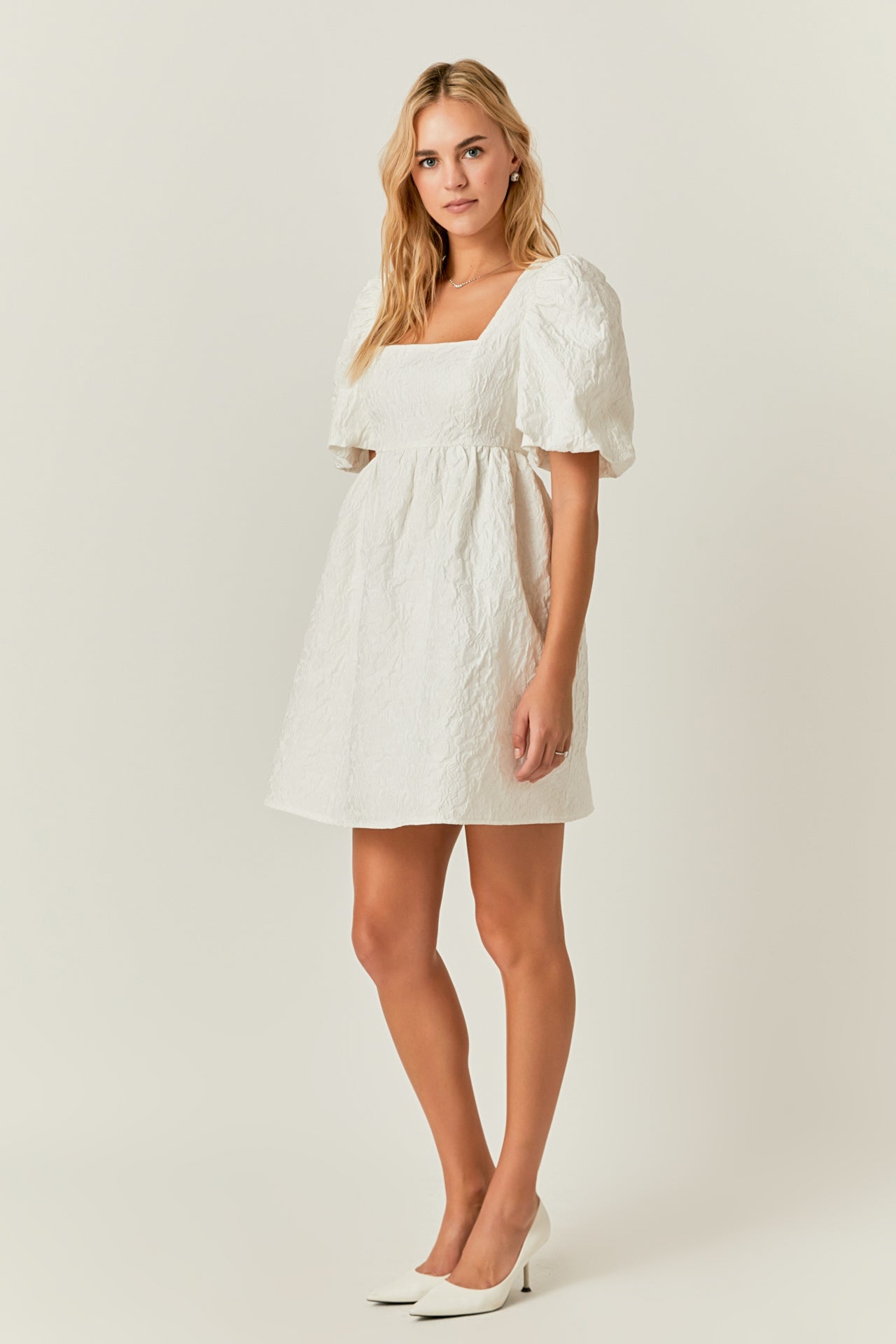 ENDLESS ROSE - Open Back Floral Jacquard Puff Dress - DRESSES available at Objectrare