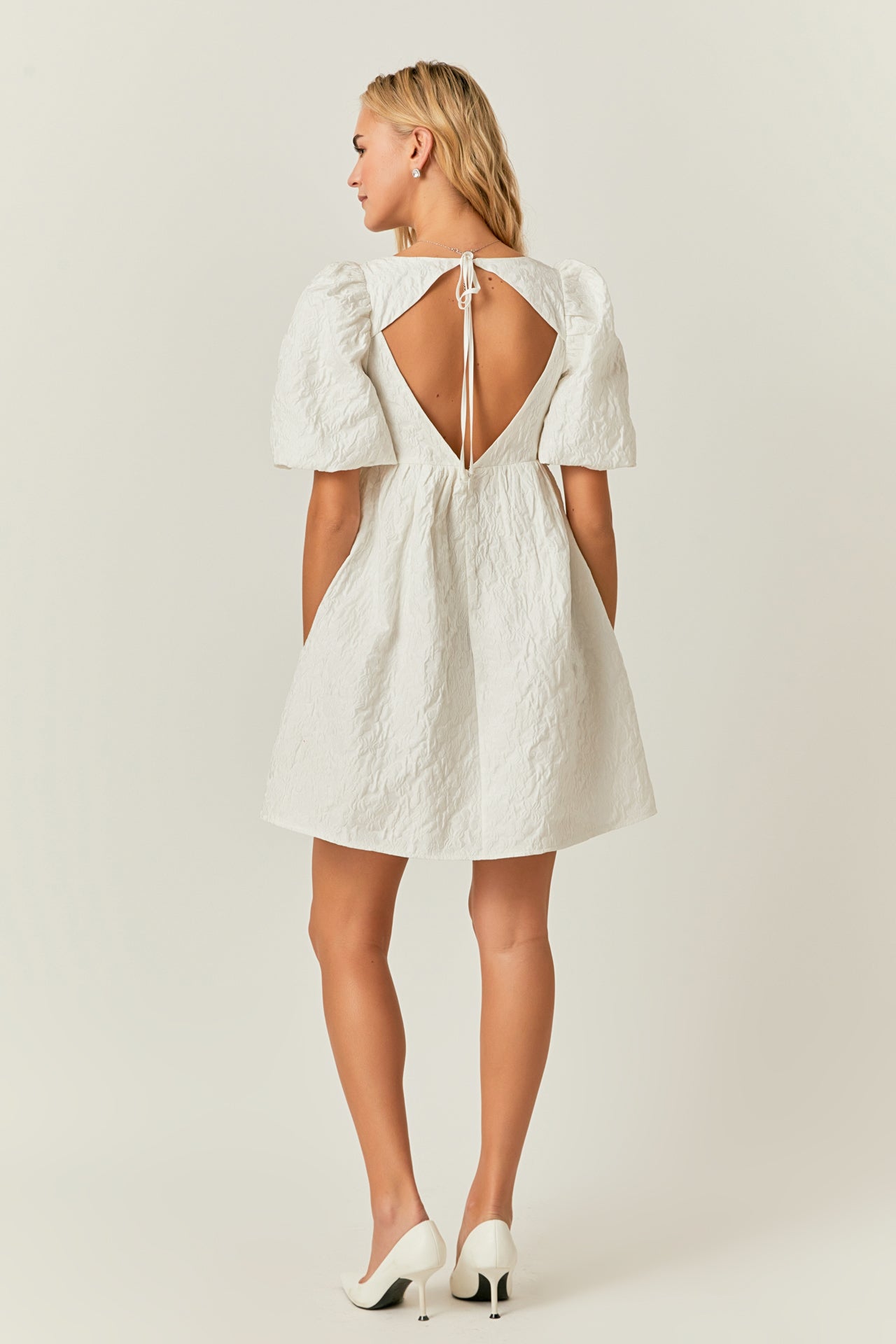 ENDLESS ROSE - Open Back Floral Jacquard Puff Dress - DRESSES available at Objectrare