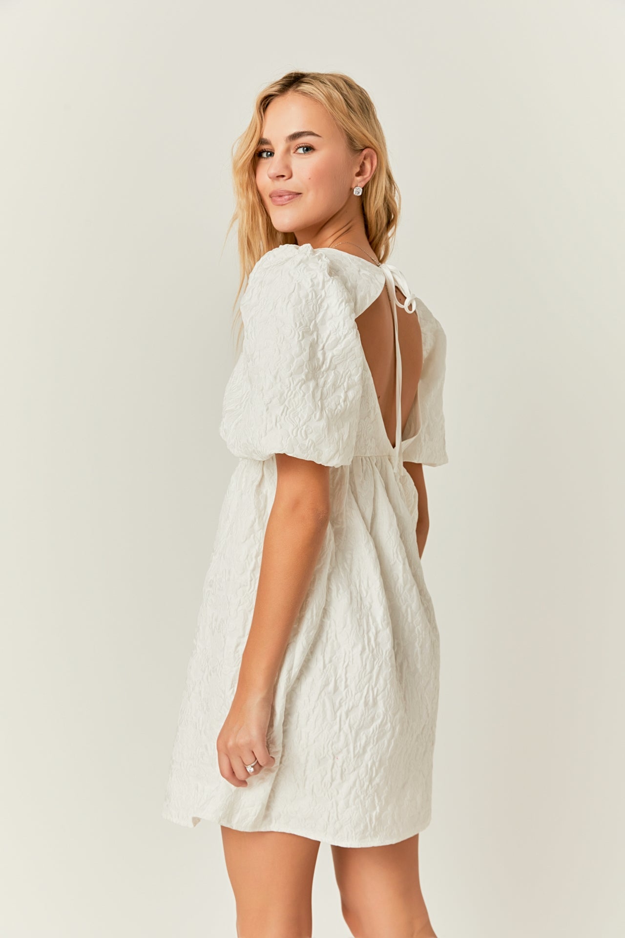 ENDLESS ROSE - Open Back Floral Jacquard Puff Dress - DRESSES available at Objectrare
