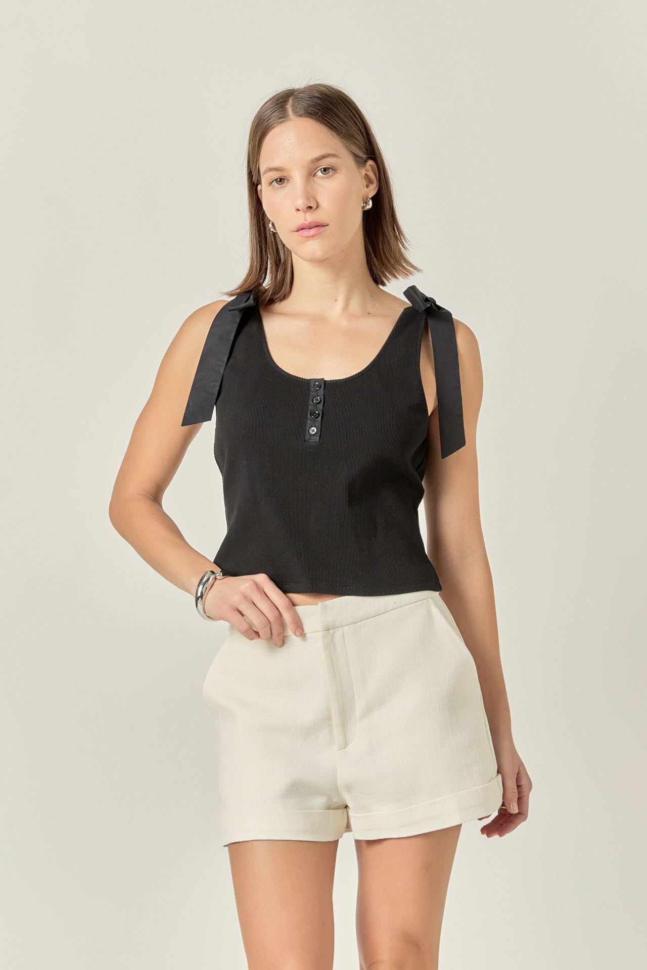 ENGLISH FACTORY - Mixed Media Bow Tie Ribbed Henley Tank - TOPS available at Objectrare
