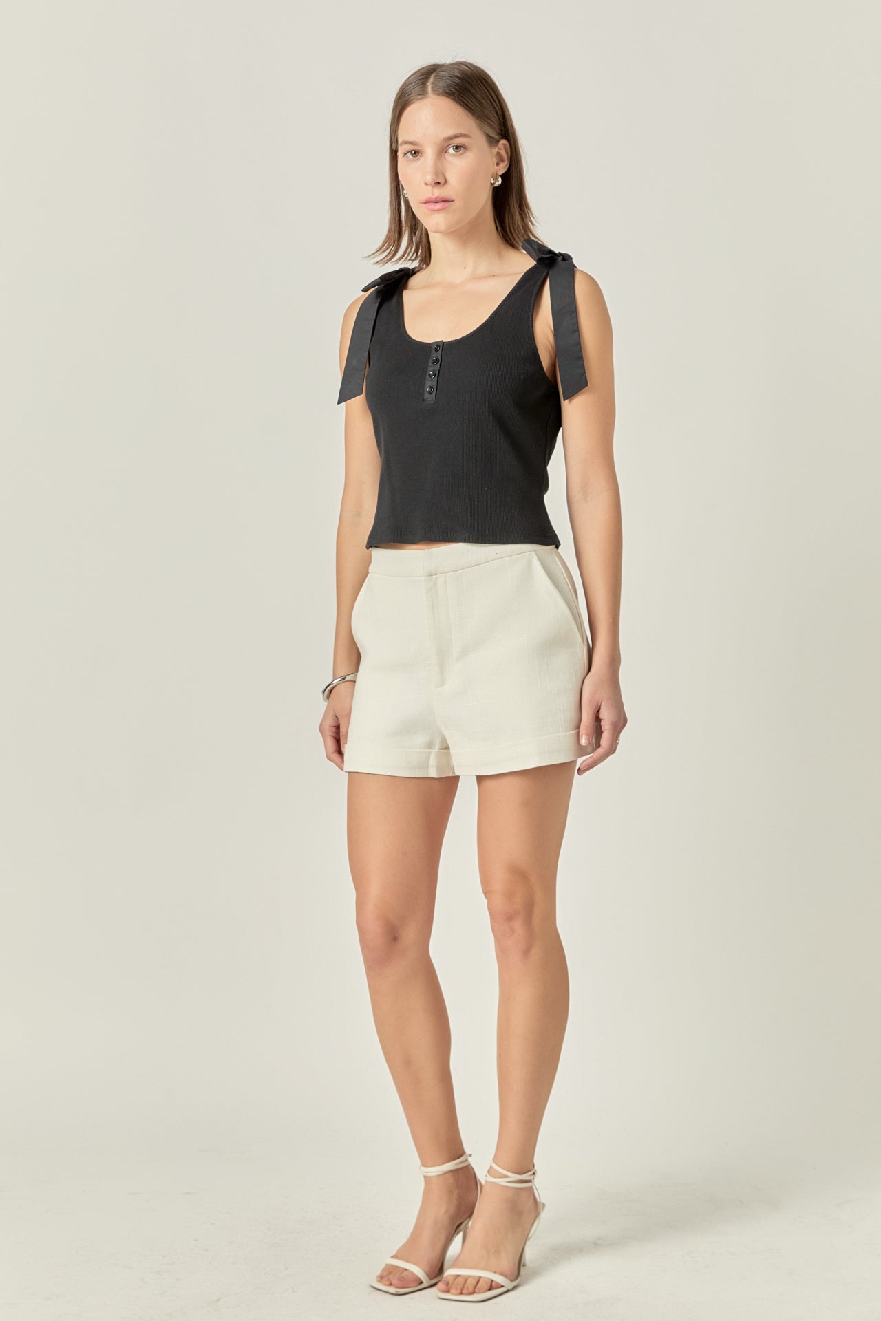 ENGLISH FACTORY - Mixed Media Bow Tie Ribbed Henley Tank - TOPS available at Objectrare