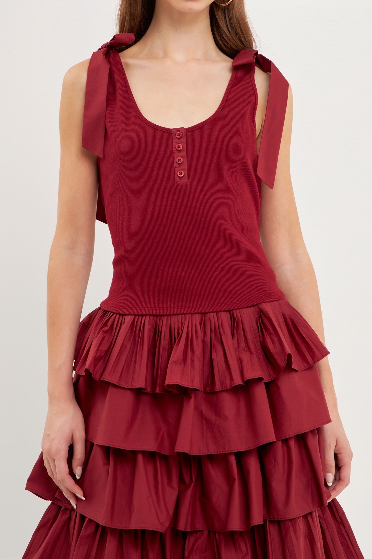 ENGLISH FACTORY - Mixed Media Bow Tie Ribbed Henley Tank - TOPS available at Objectrare