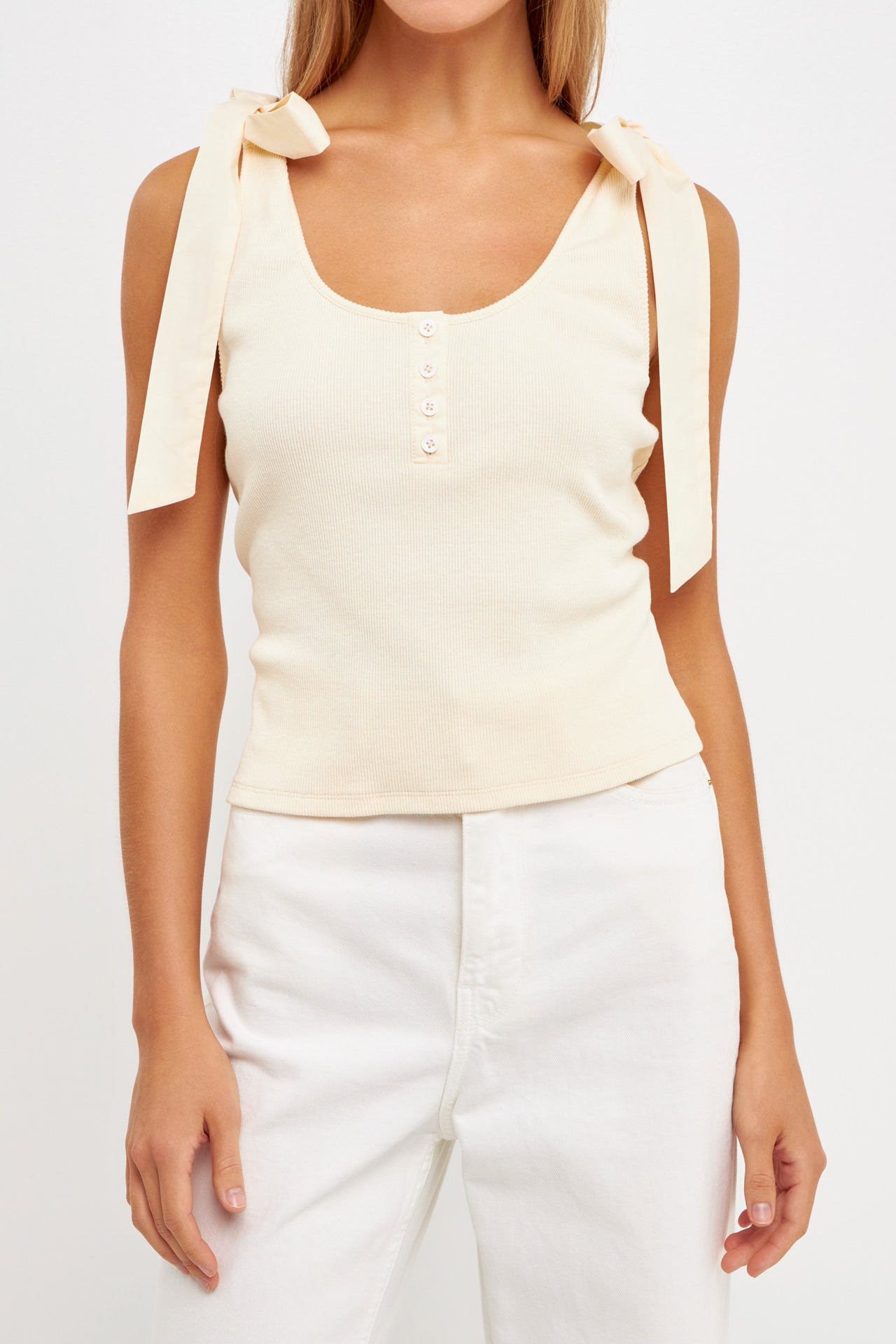 ENGLISH FACTORY - Mixed Media Bow Tie Ribbed Henley Tank - TOPS available at Objectrare