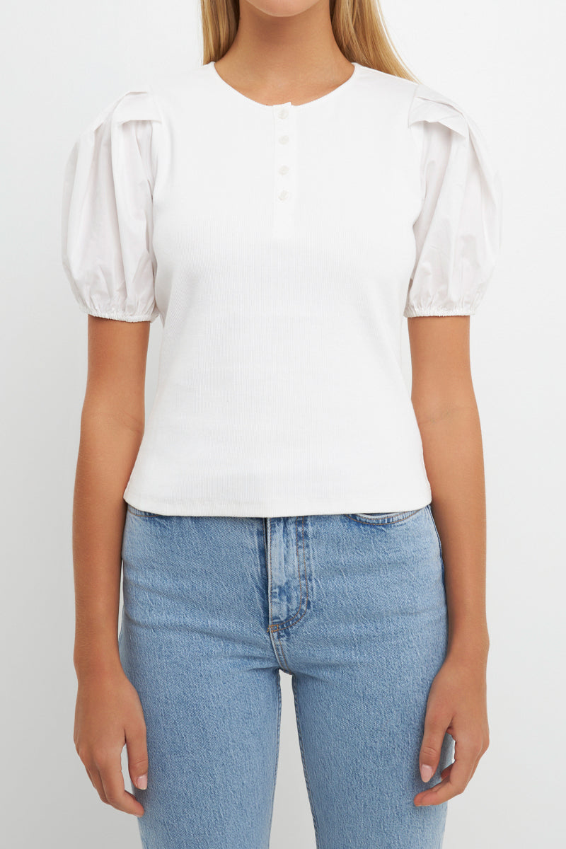 ENGLISH FACTORY - Mixed Media Puff Sleeve Henley Top - TOPS available at Objectrare