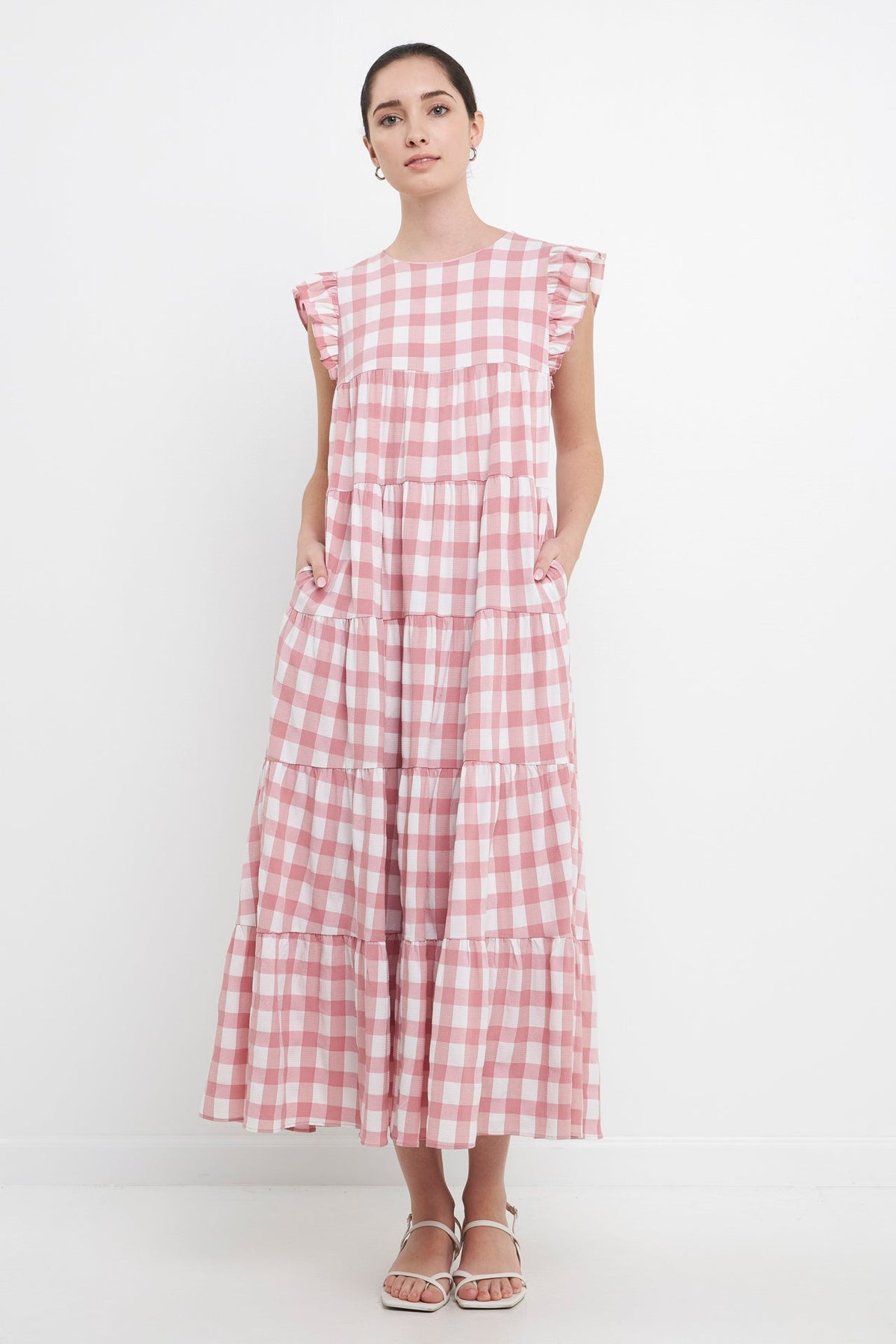 ENGLISH FACTORY - Textured Gingham Maxi Tiered Baby Doll Dress - DRESSES available at Objectrare