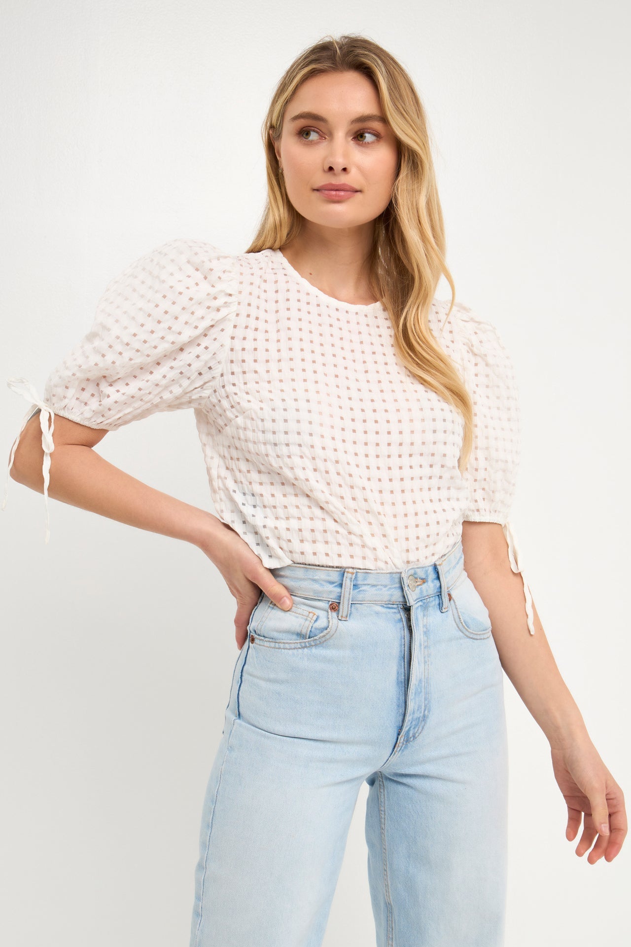 ENGLISH FACTORY - Checked Sheer Puff Sleeve Blouse - TOPS available at Objectrare