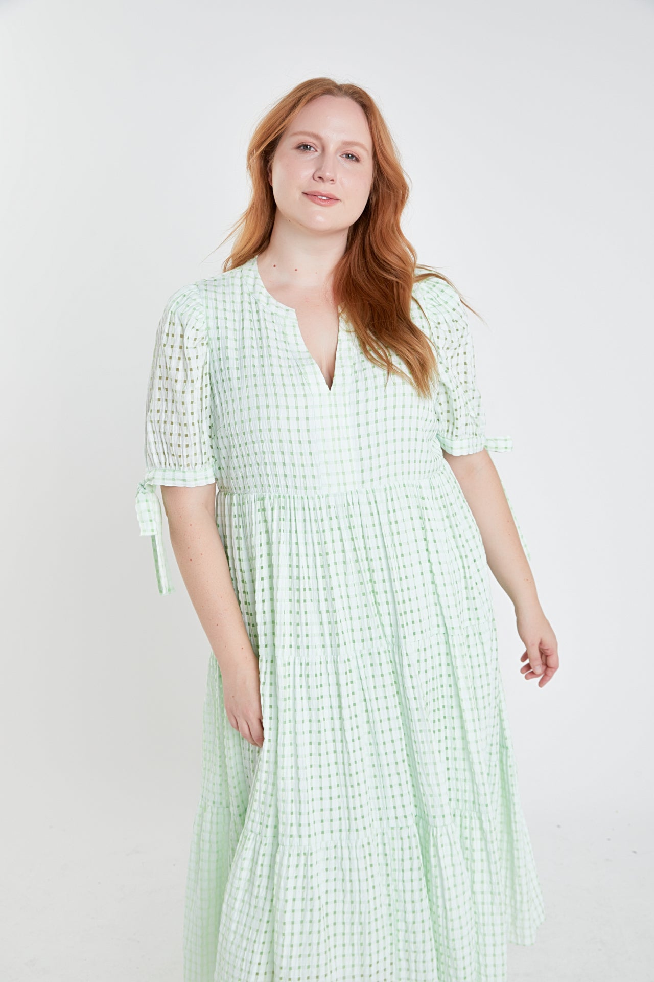 Plus Size Gingham Tiered Midi Dress with Bow Tie Sleeves