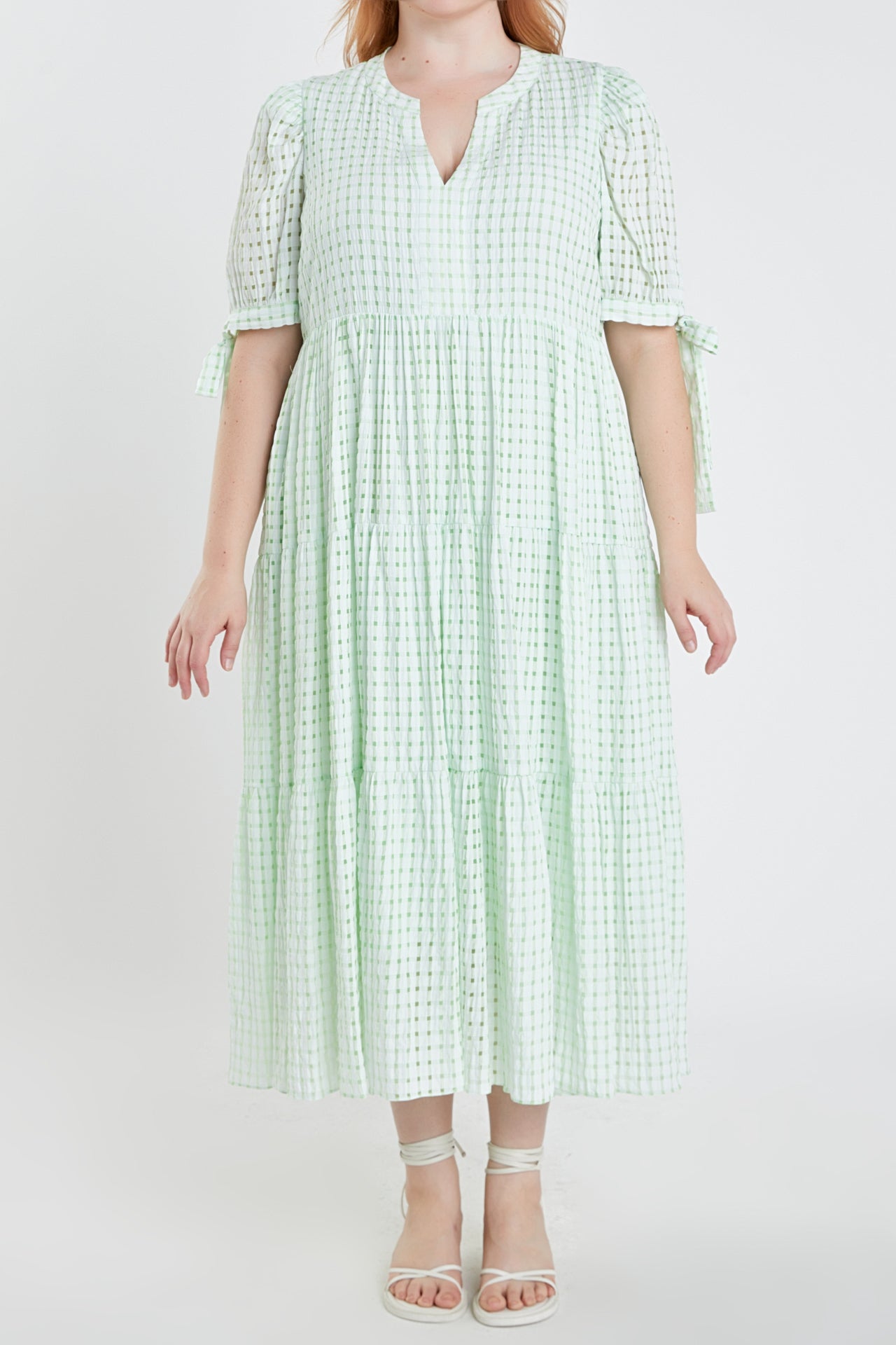 Plus Size Gingham Tiered Midi Dress with Bow Tie Sleeves