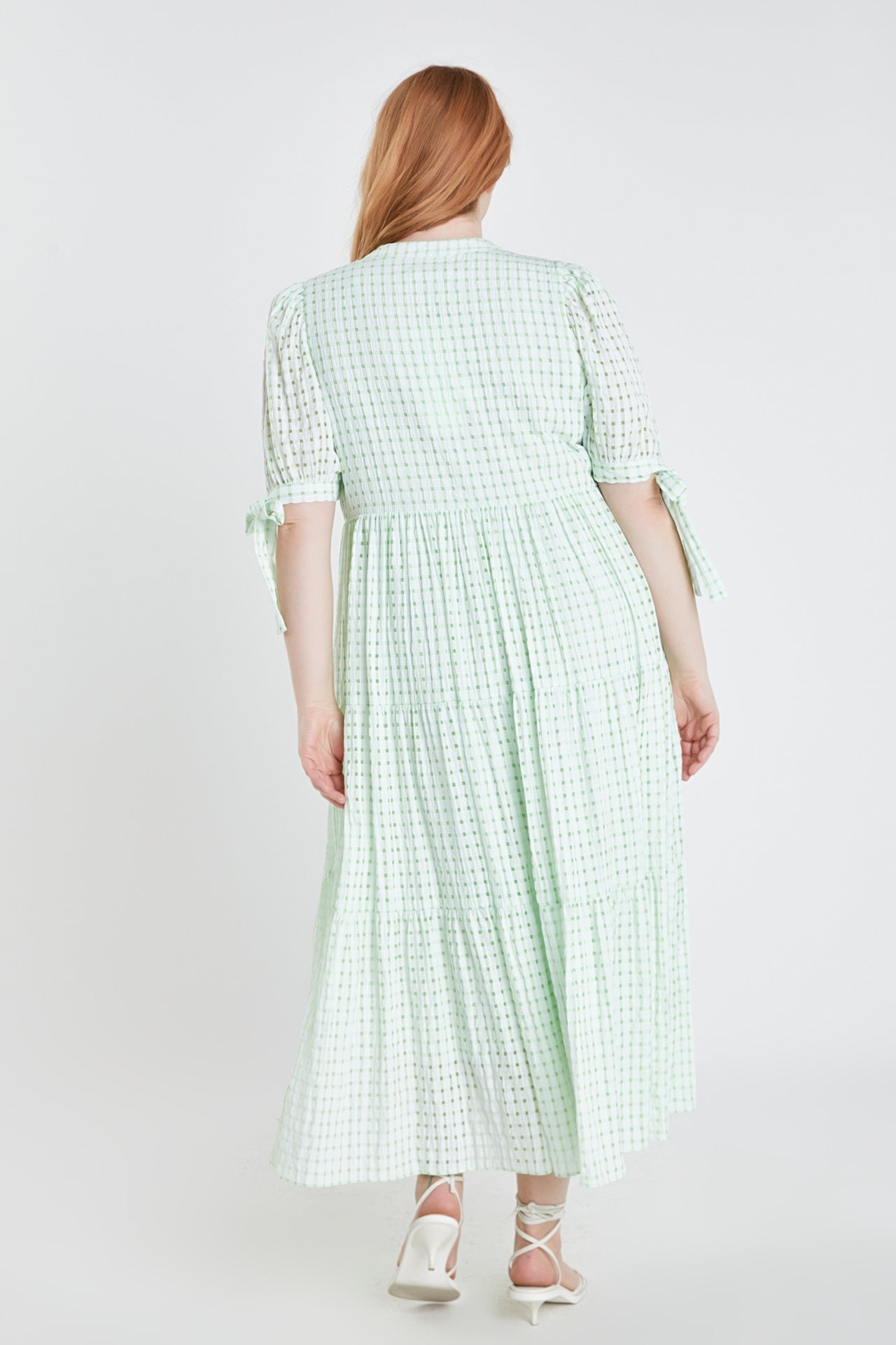 Plus Size Gingham Tiered Midi Dress with Bow Tie Sleeves
