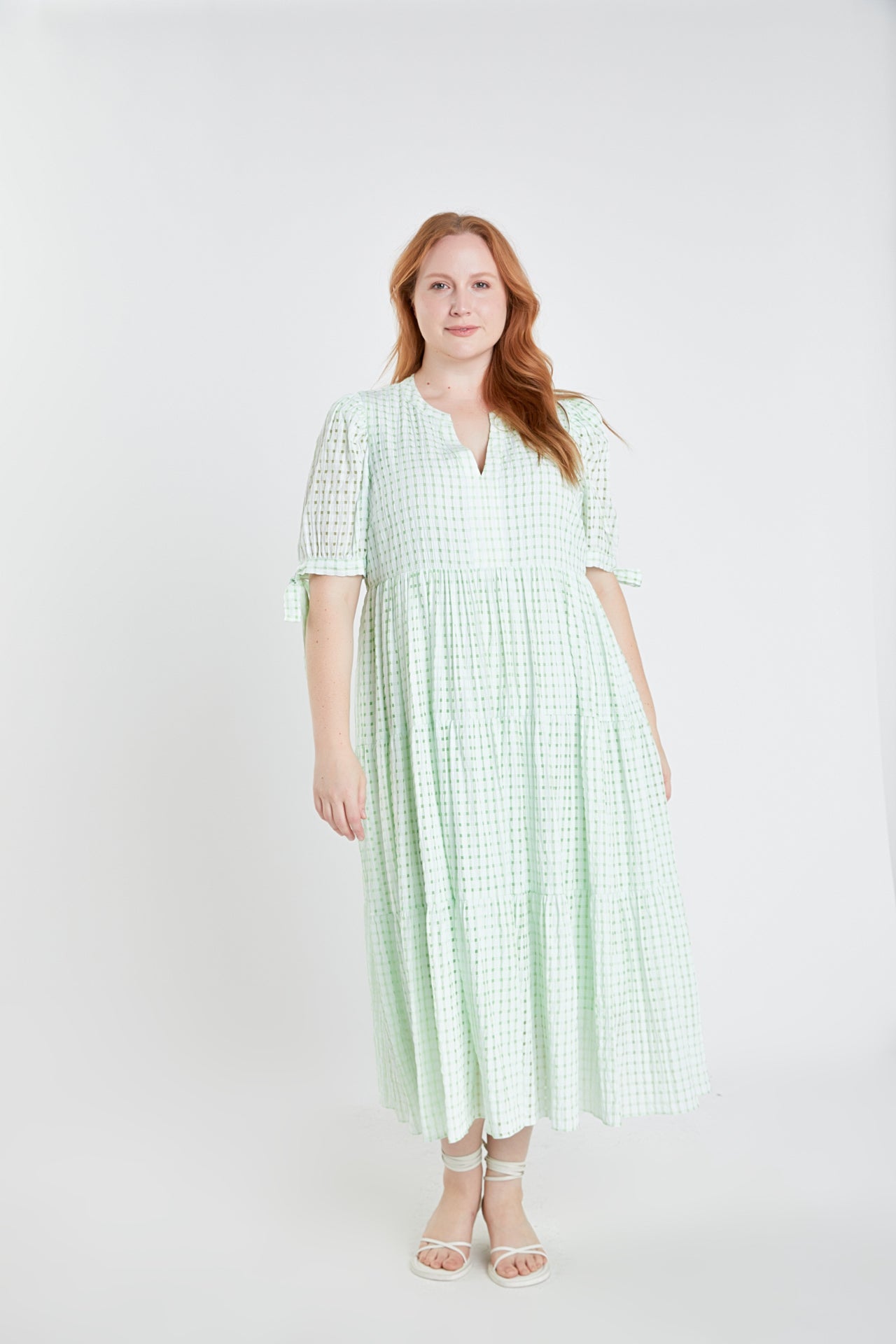 Plus Size Gingham Tiered Midi Dress with Bow Tie Sleeves