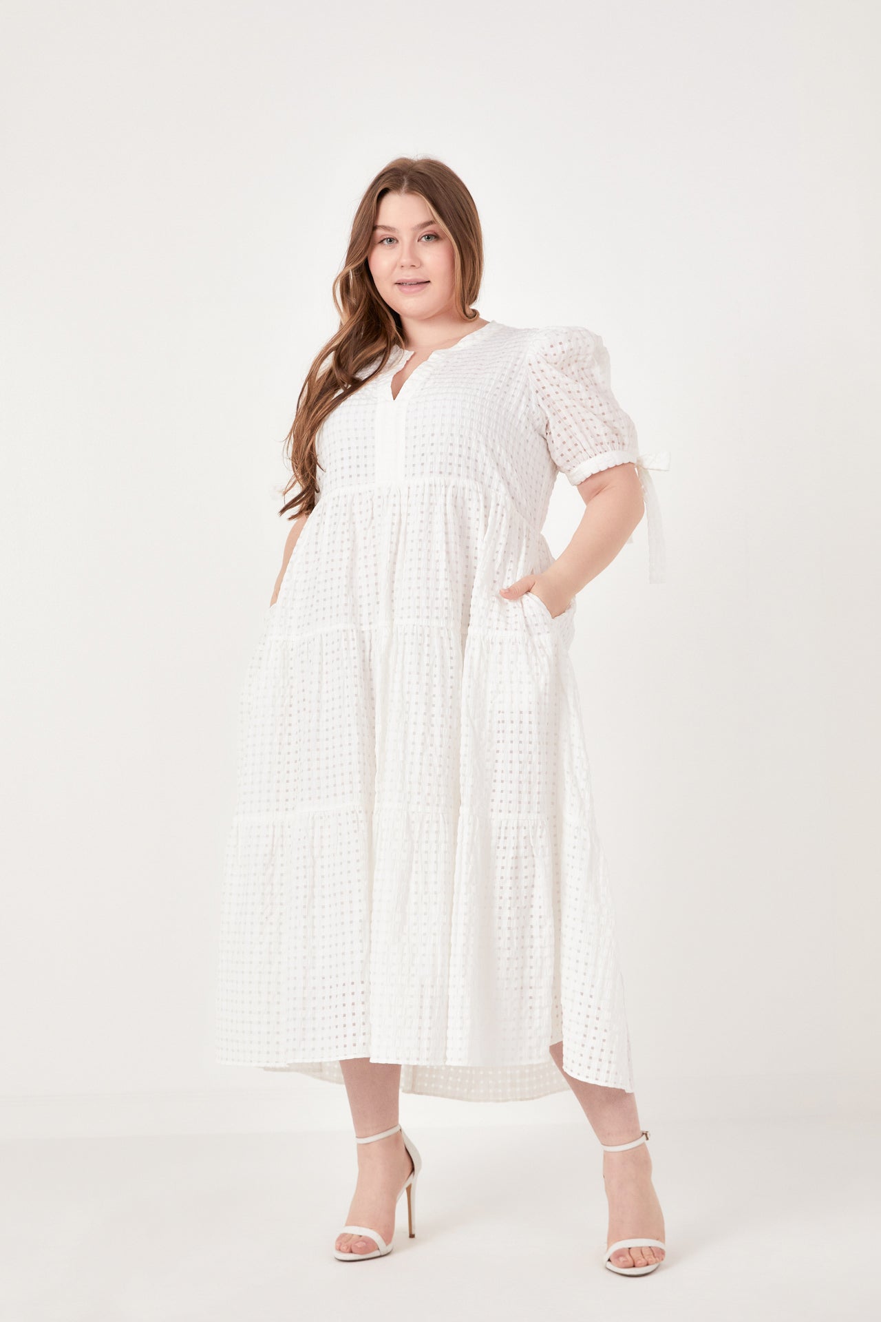 Plus Size Gingham Tiered Midi Dress with Bow Tie Sleeves