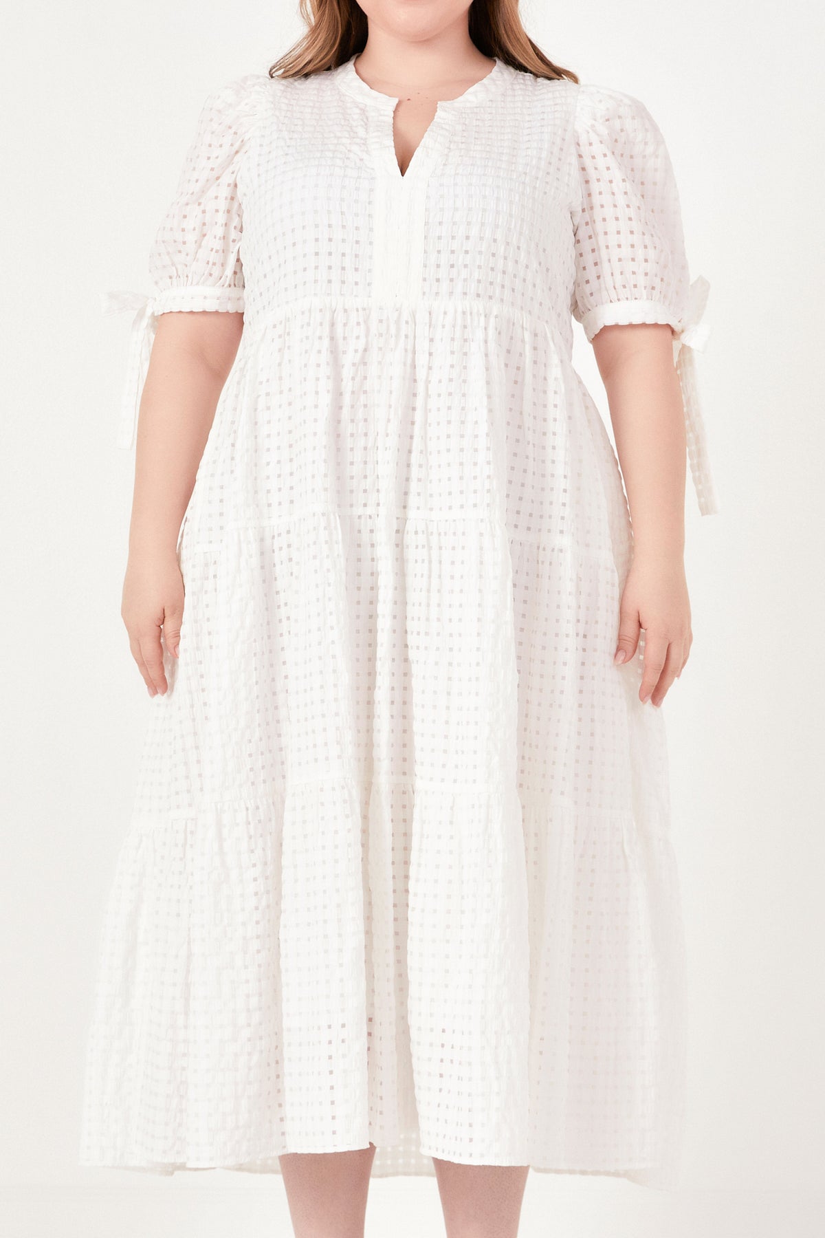 ENGLISH FACTORY - Plus Size Gingham Tiered Midi Dress with Bow Tie Sleeves - DRESSES available at Objectrare