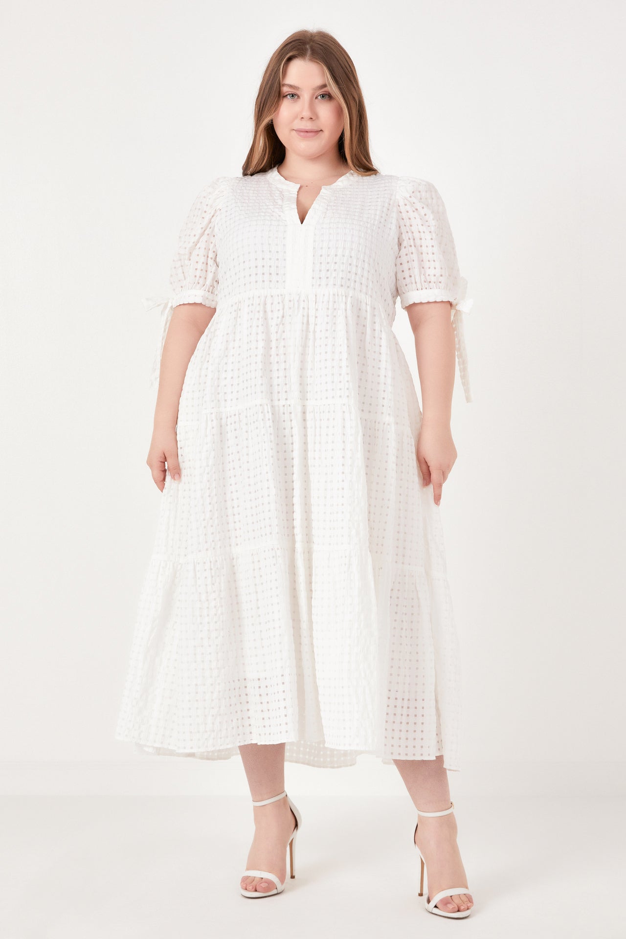 Plus Size Gingham Tiered Midi Dress with Bow Tie Sleeves
