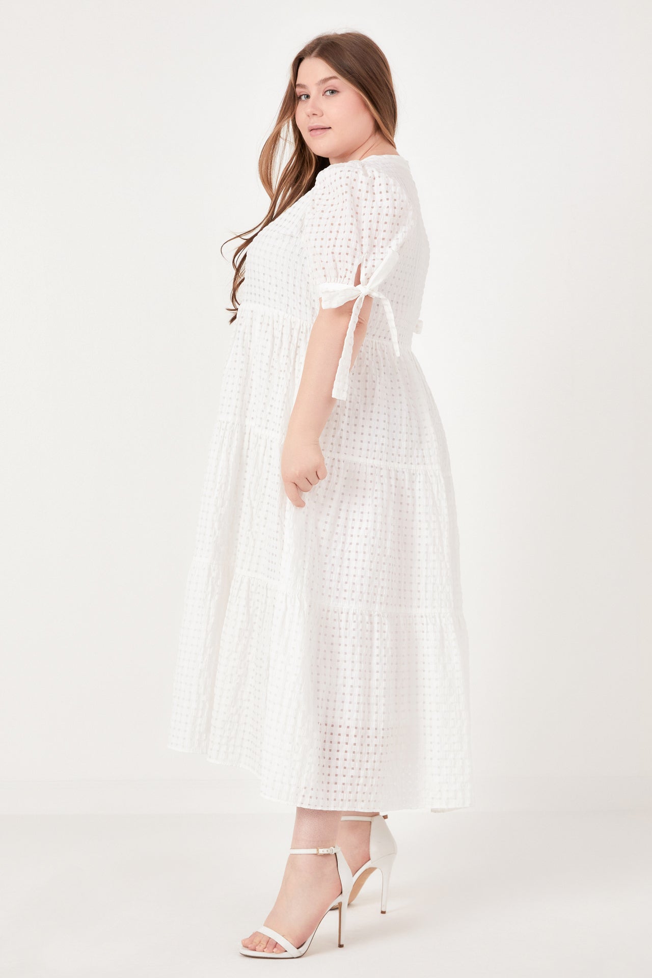 Plus Size Gingham Tiered Midi Dress with Bow Tie Sleeves