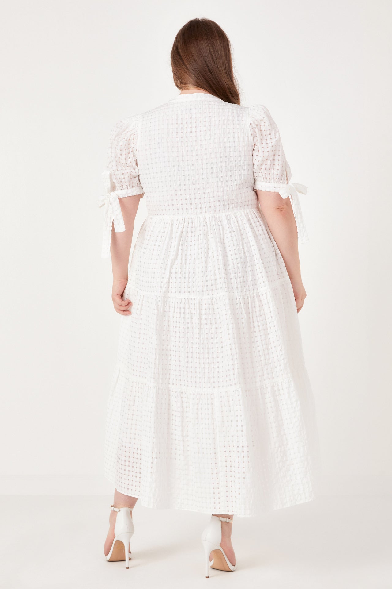 Plus Size Gingham Tiered Midi Dress with Bow Tie Sleeves