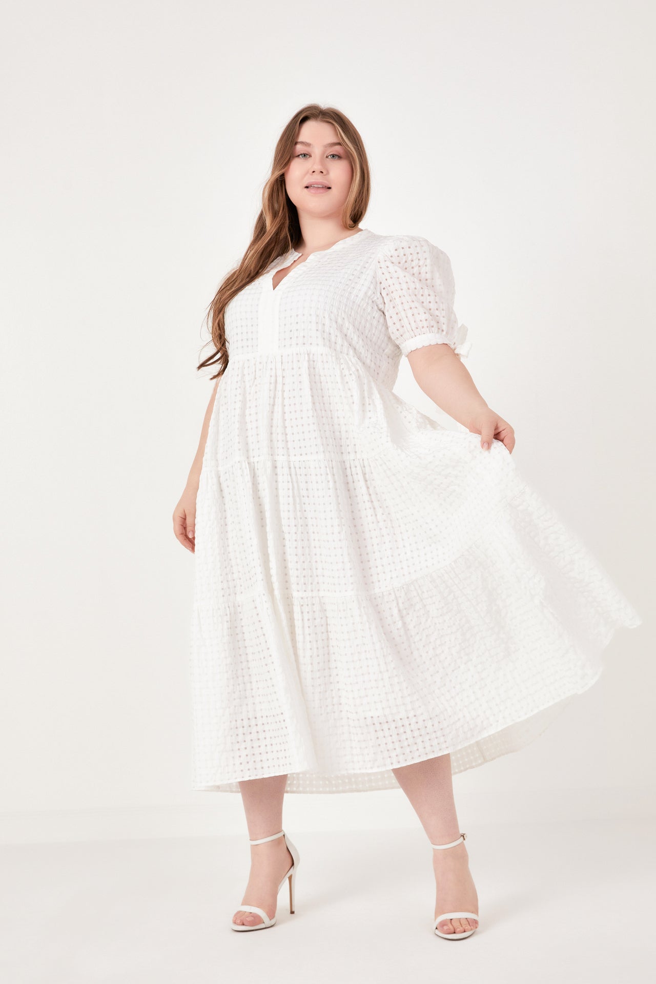 English Factory - Gingham Tiered Midi Dress with Bow Tie Sleeves Lime / 2X English Factory - Gingham Tiered Midi Dress with Bow Tie Sleeves Lime / 2X