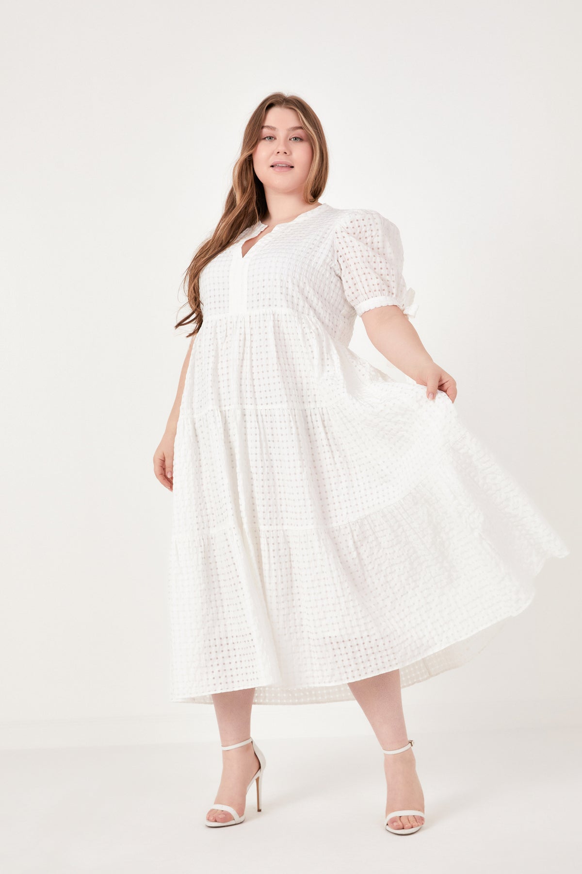 ENGLISH FACTORY - Plus Size Gingham Tiered Midi Dress with Bow Tie Sleeves - DRESSES available at Objectrare