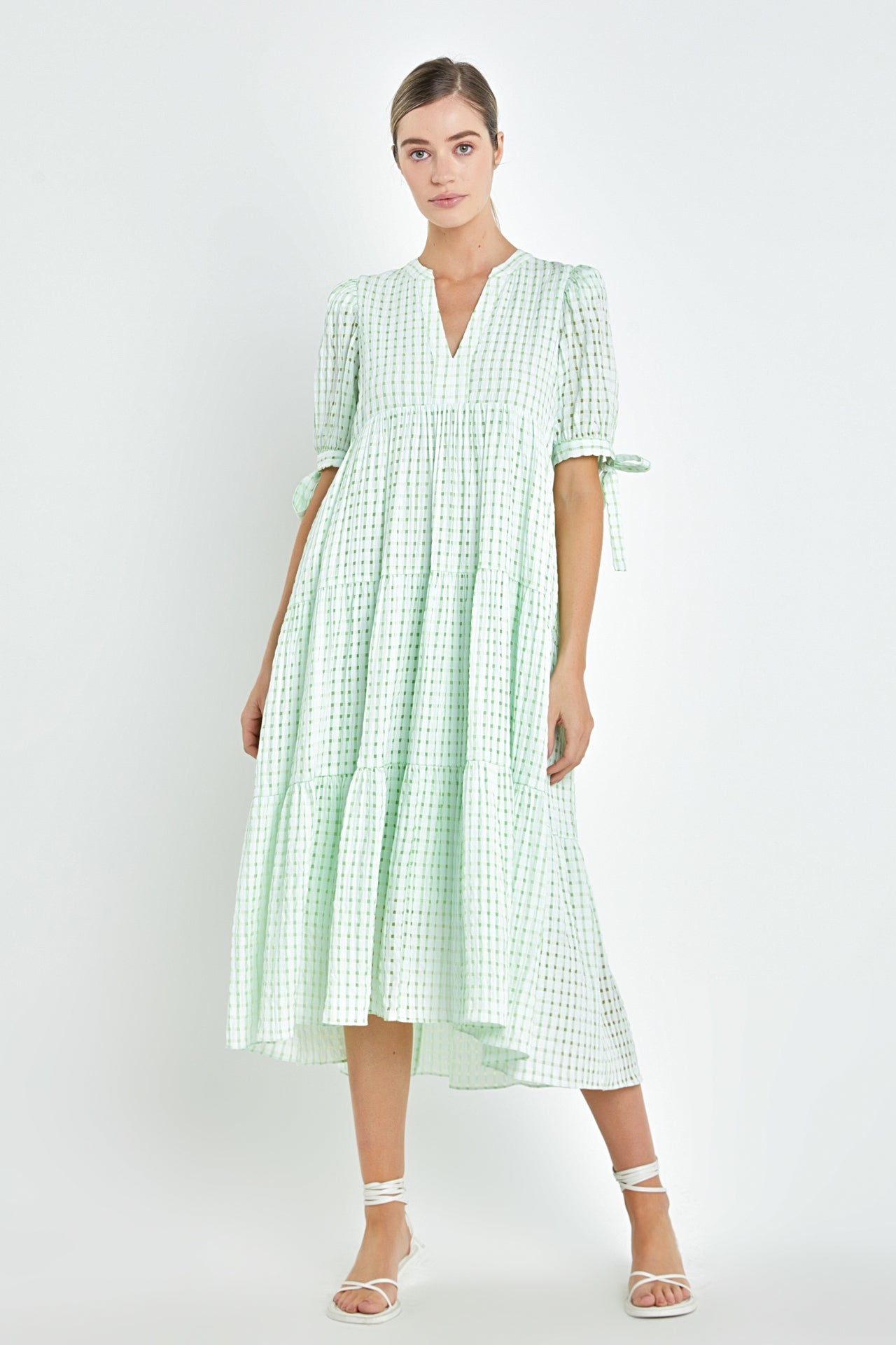 Gingham Tiered Midi Dress with Bow Tie Sleeves