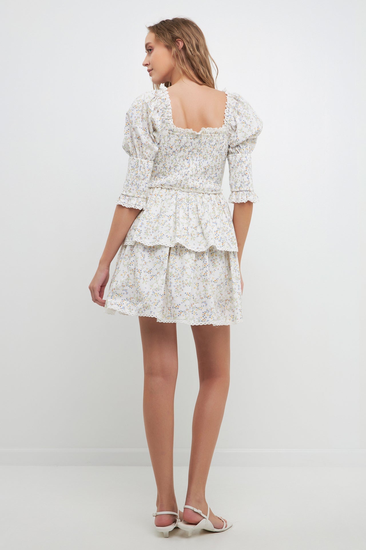 FREE THE ROSES - Lace Trim Floral Print Smocked Sleeve Mini Dress - DRESSES available at Objectrare