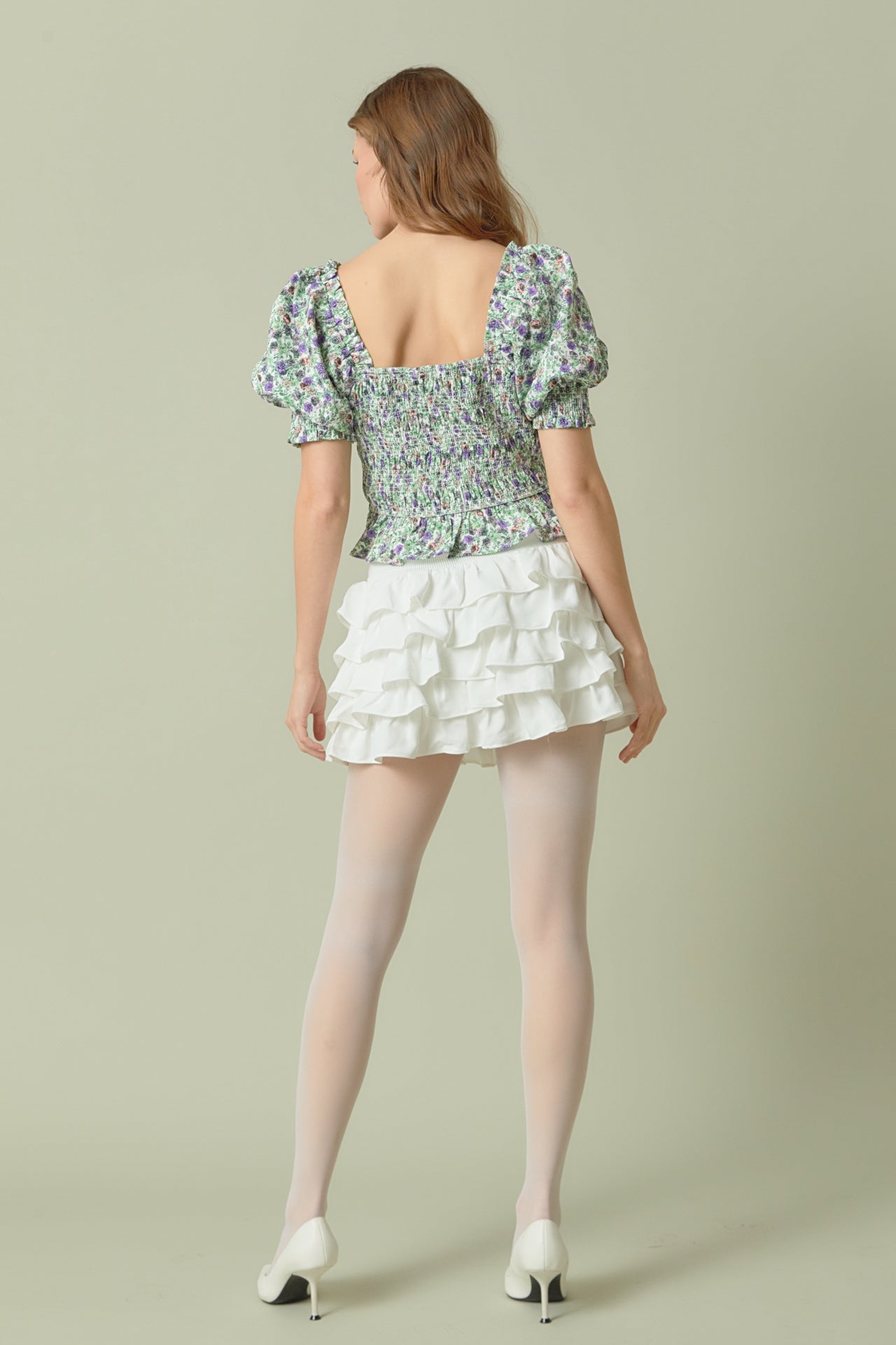 ENDLESS ROSE - Jacquard Floral Smocked Puff Sleeve Top - TOPS available at Objectrare