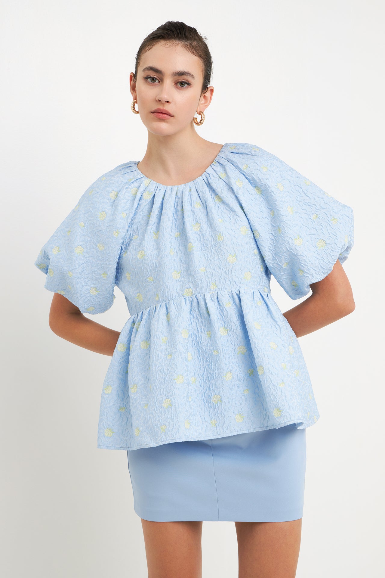 ENDLESS ROSE - Floral Jacquard Spg Tie Flounce Blouse - TOPS available at Objectrare