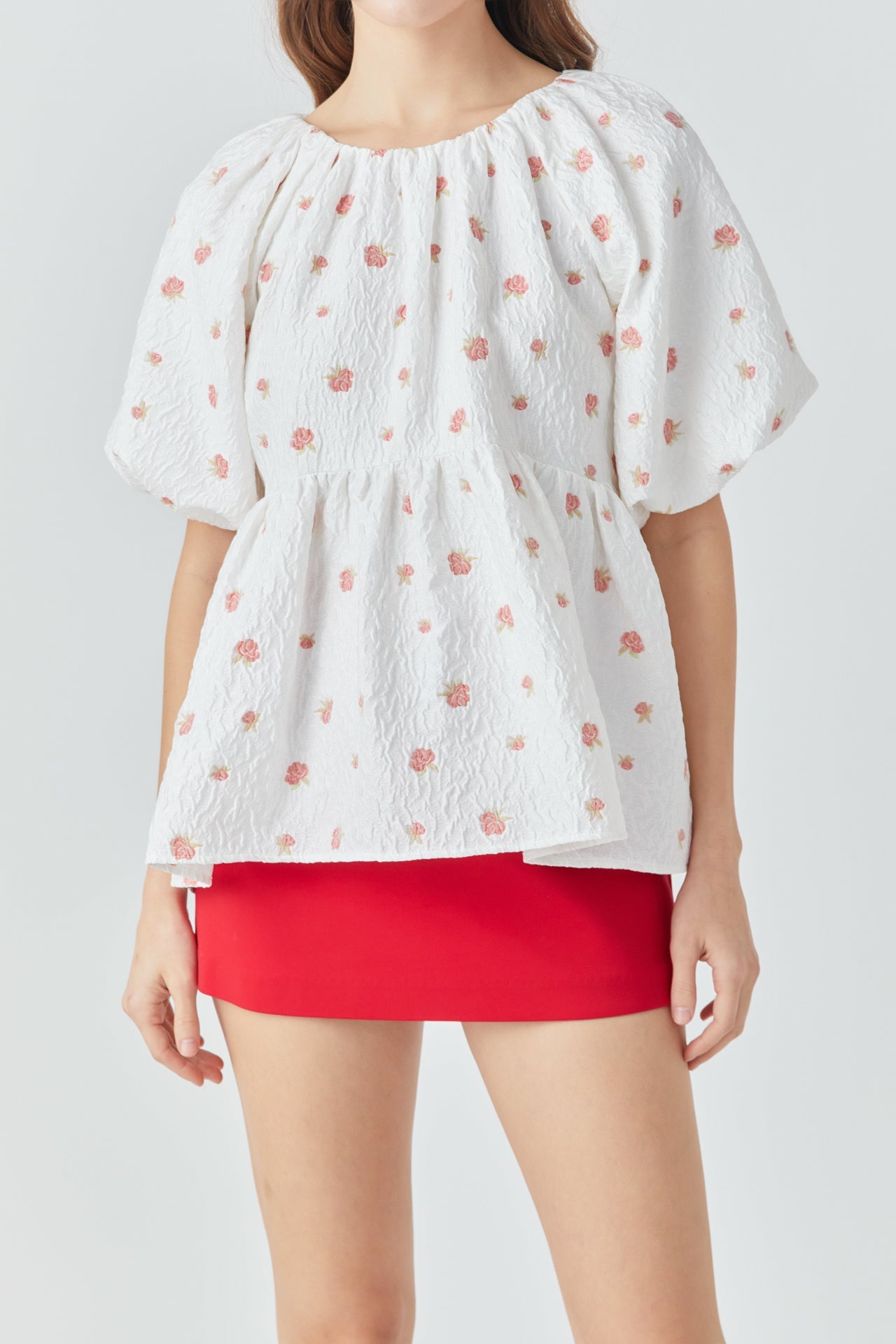 ENDLESS ROSE - Floral Jacquard Spg Tie Flounce Blouse - TOPS available at Objectrare