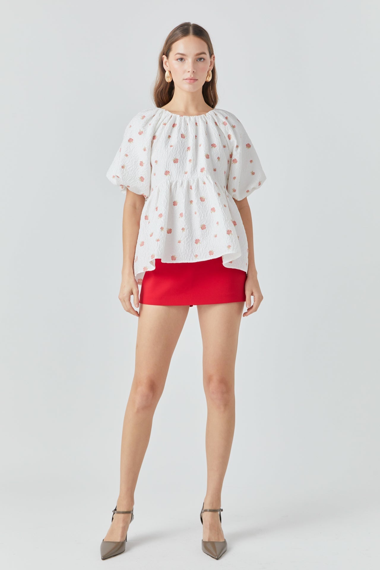 ENDLESS ROSE - Floral Jacquard Spg Tie Flounce Blouse - TOPS available at Objectrare