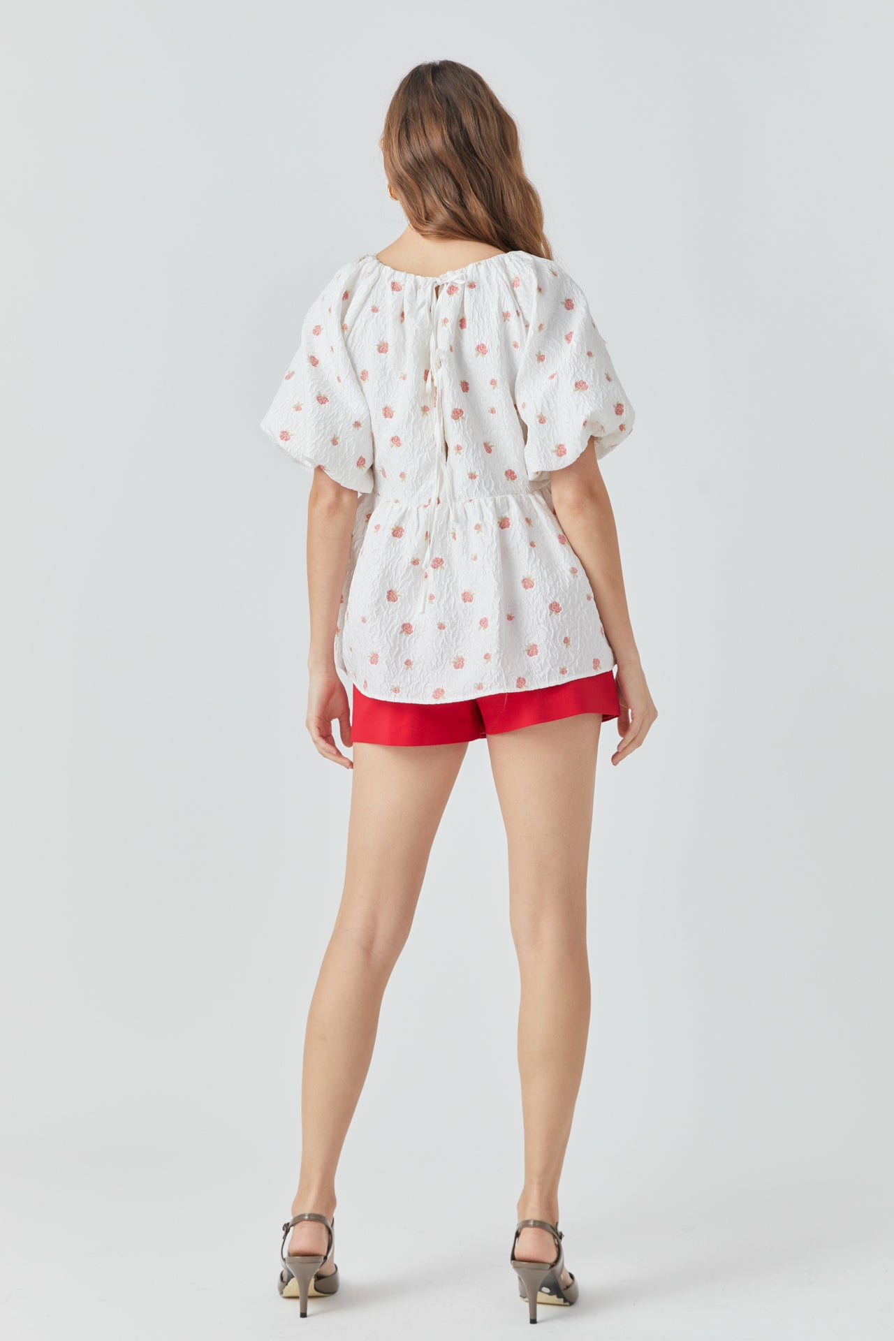 ENDLESS ROSE - Floral Jacquard Spg Tie Flounce Blouse - TOPS available at Objectrare