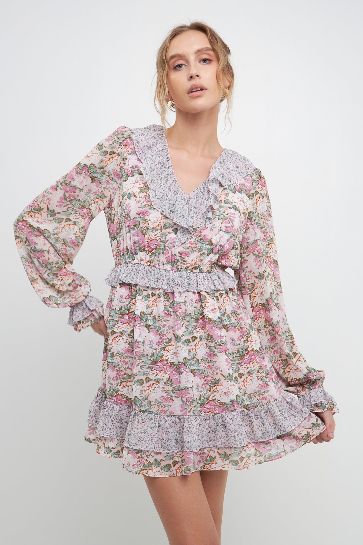 FREE THE ROSES - Multi Floral Contrast Ruffled Mini Dress - DRESSES available at Objectrare