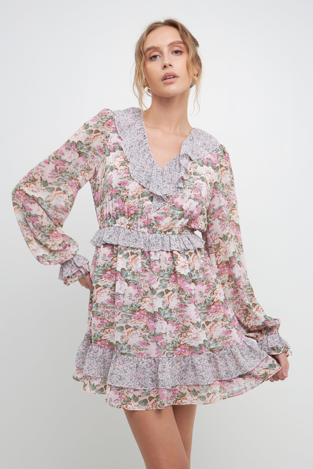 Multi Floral Contrast Ruffled Mini Dress