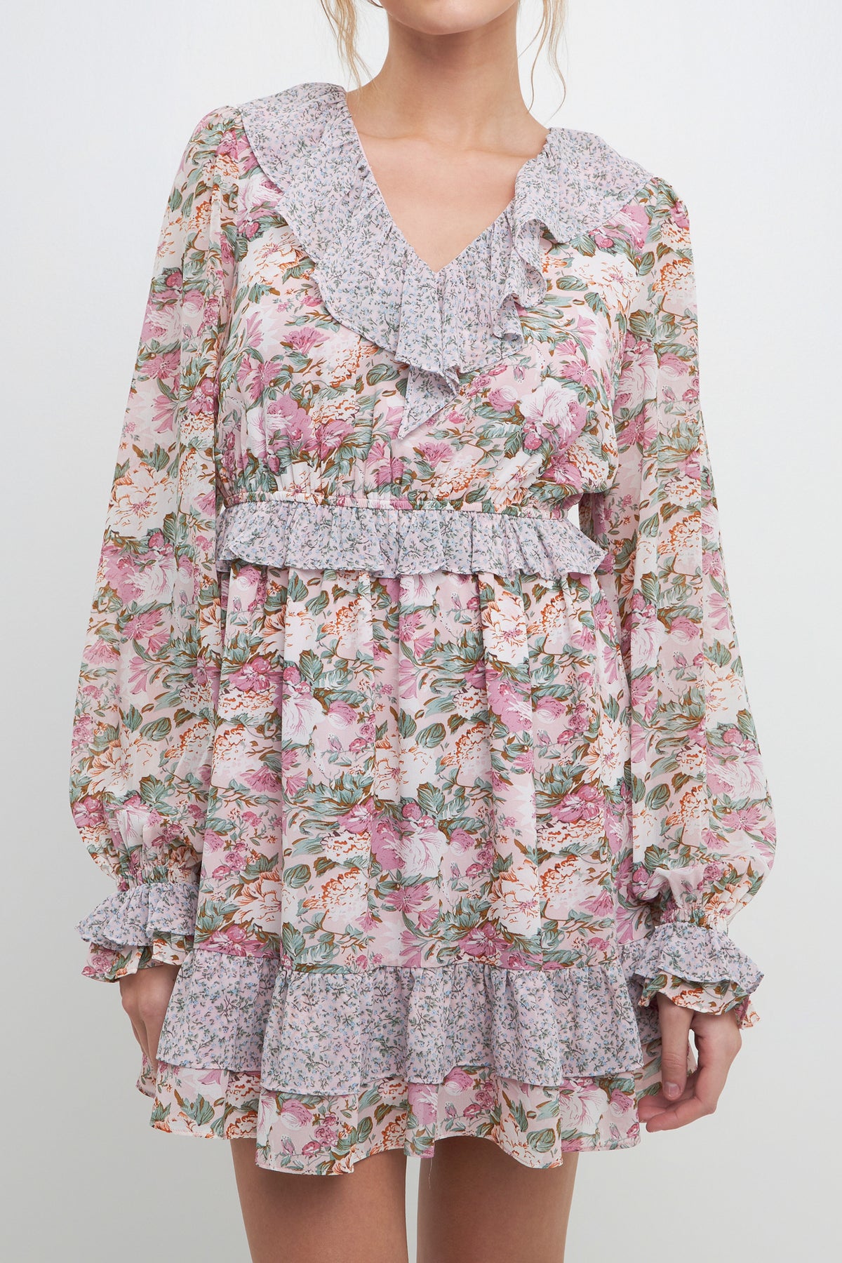 FREE THE ROSES - Multi Floral Contrast Ruffled Mini Dress - DRESSES available at Objectrare