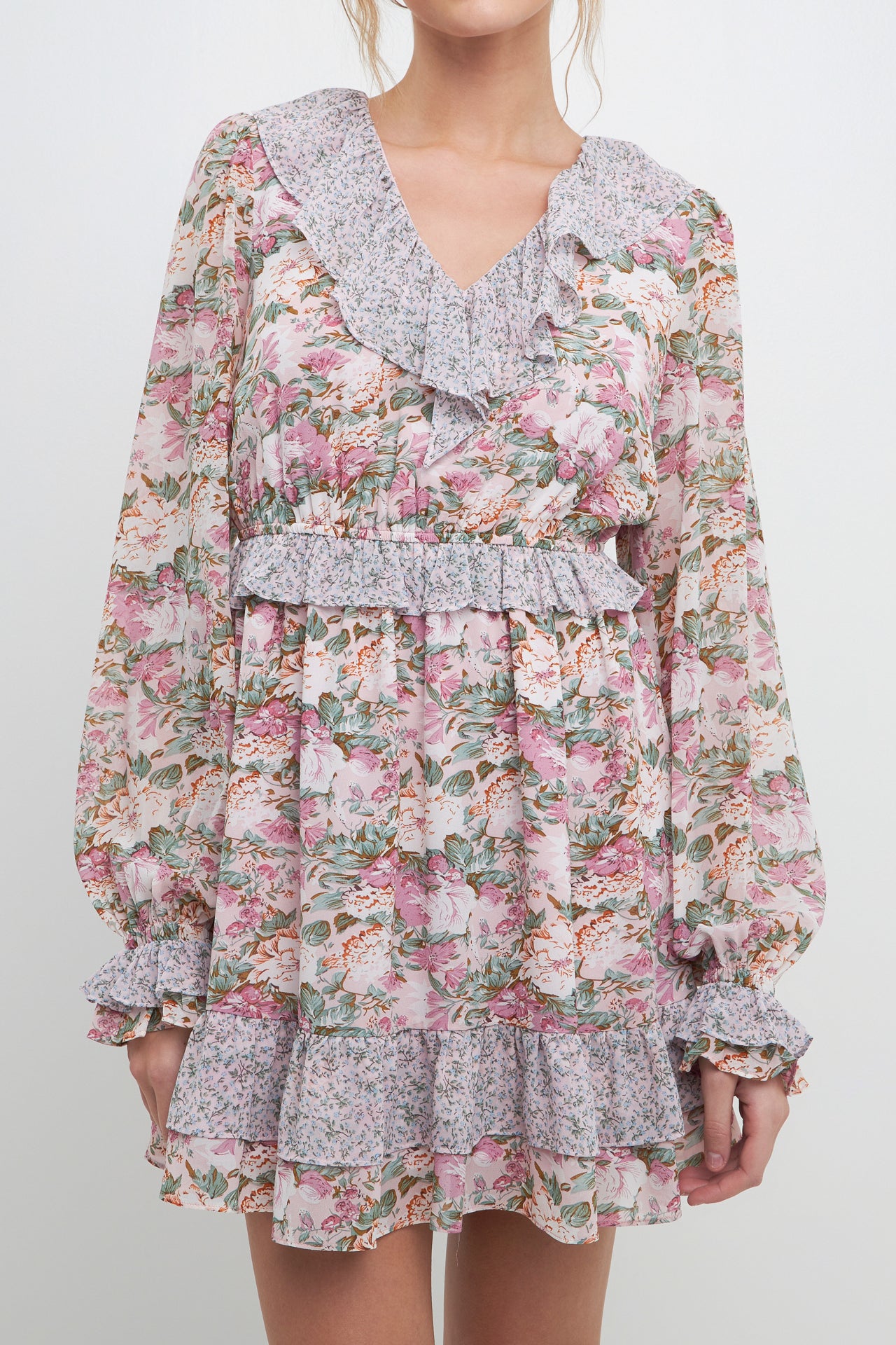 Multi Floral Contrast Ruffled Mini Dress