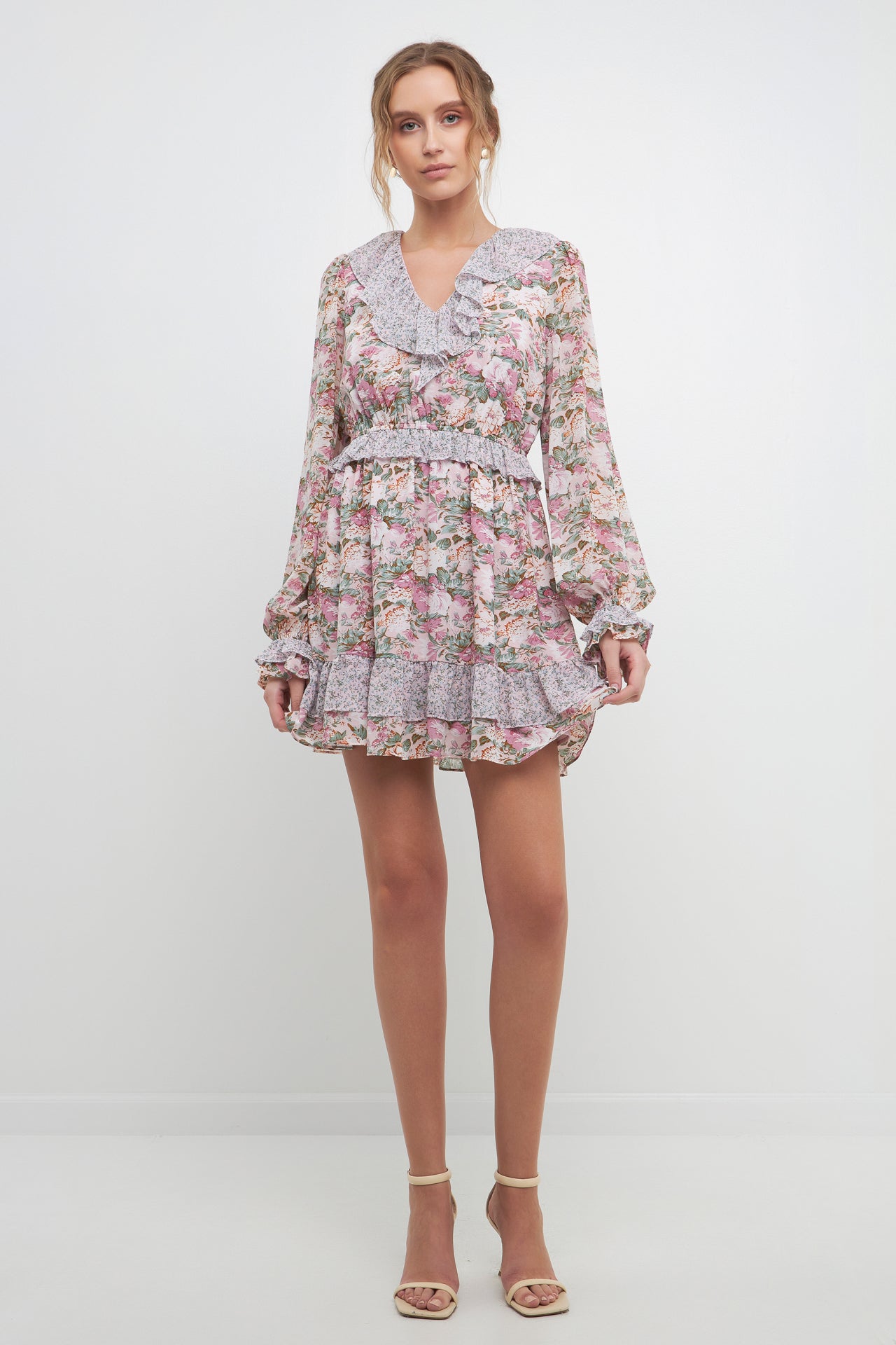 Multi Floral Contrast Ruffled Mini Dress