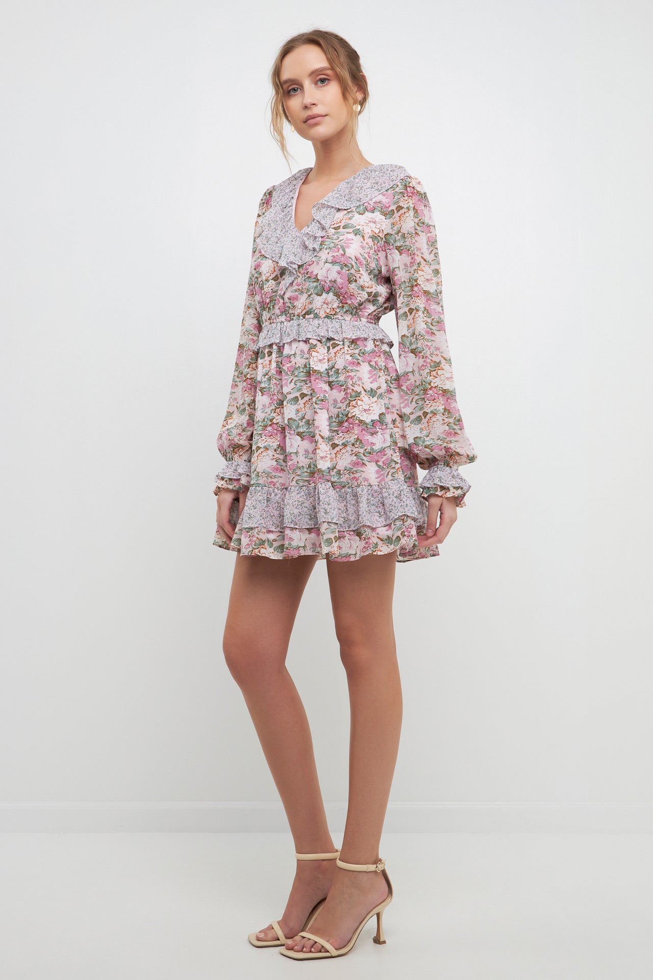 Multi Floral Contrast Ruffled Mini Dress