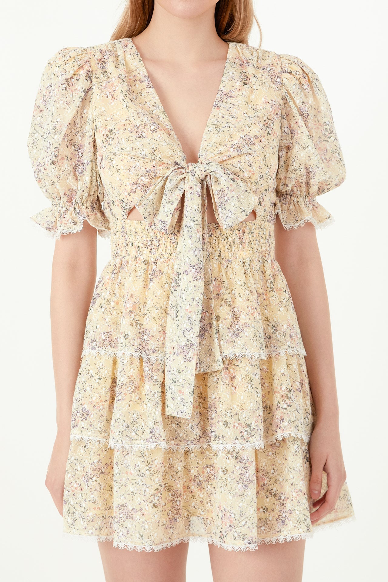 FREE THE ROSES - Embroidered Chiffon Tiered Front Bow Tie Mini Dress - DRESSES available at Objectrare