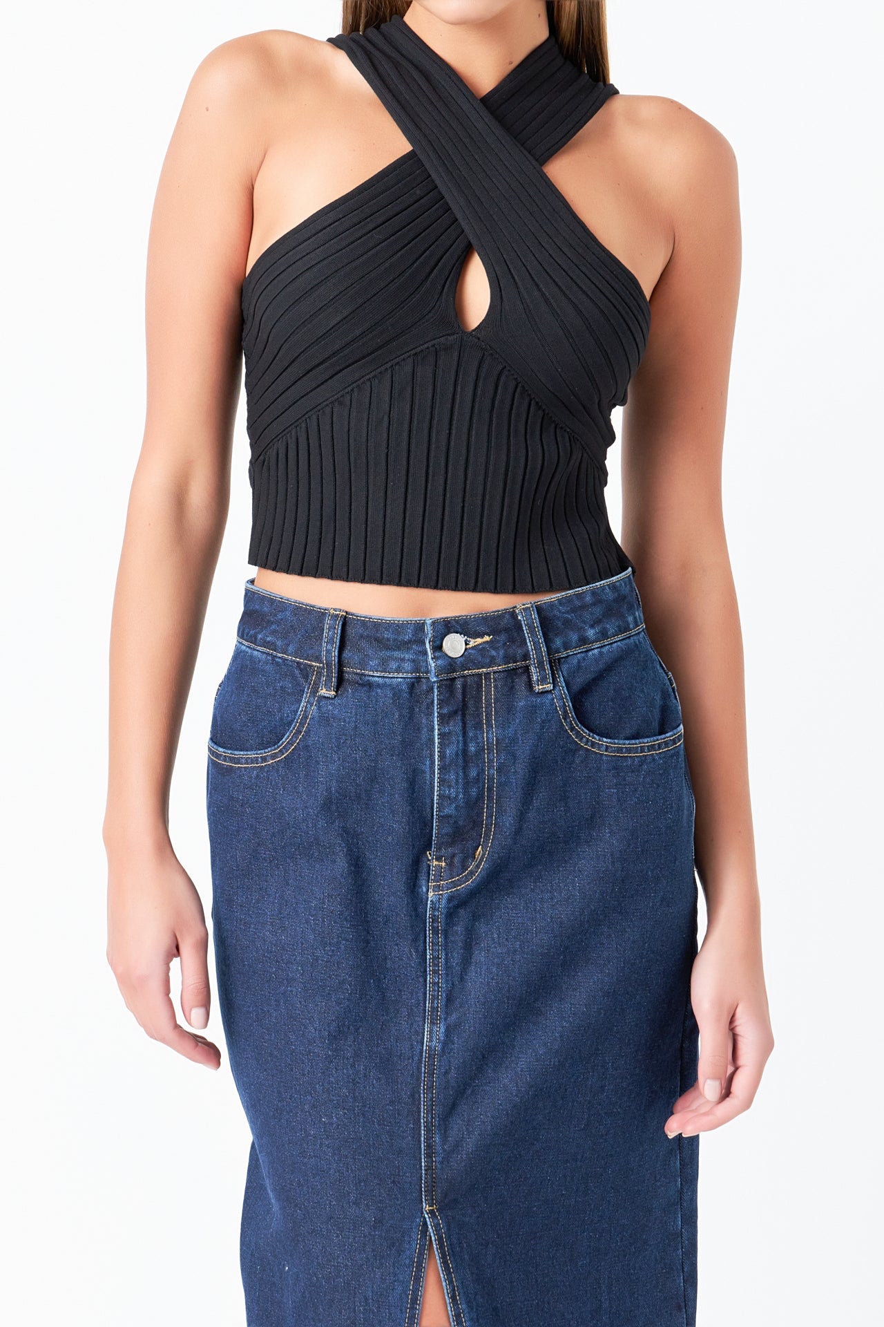 GREY LAB - Fine Rib Knit Halter Peekaboo Top - TOPS available at Objectrare
