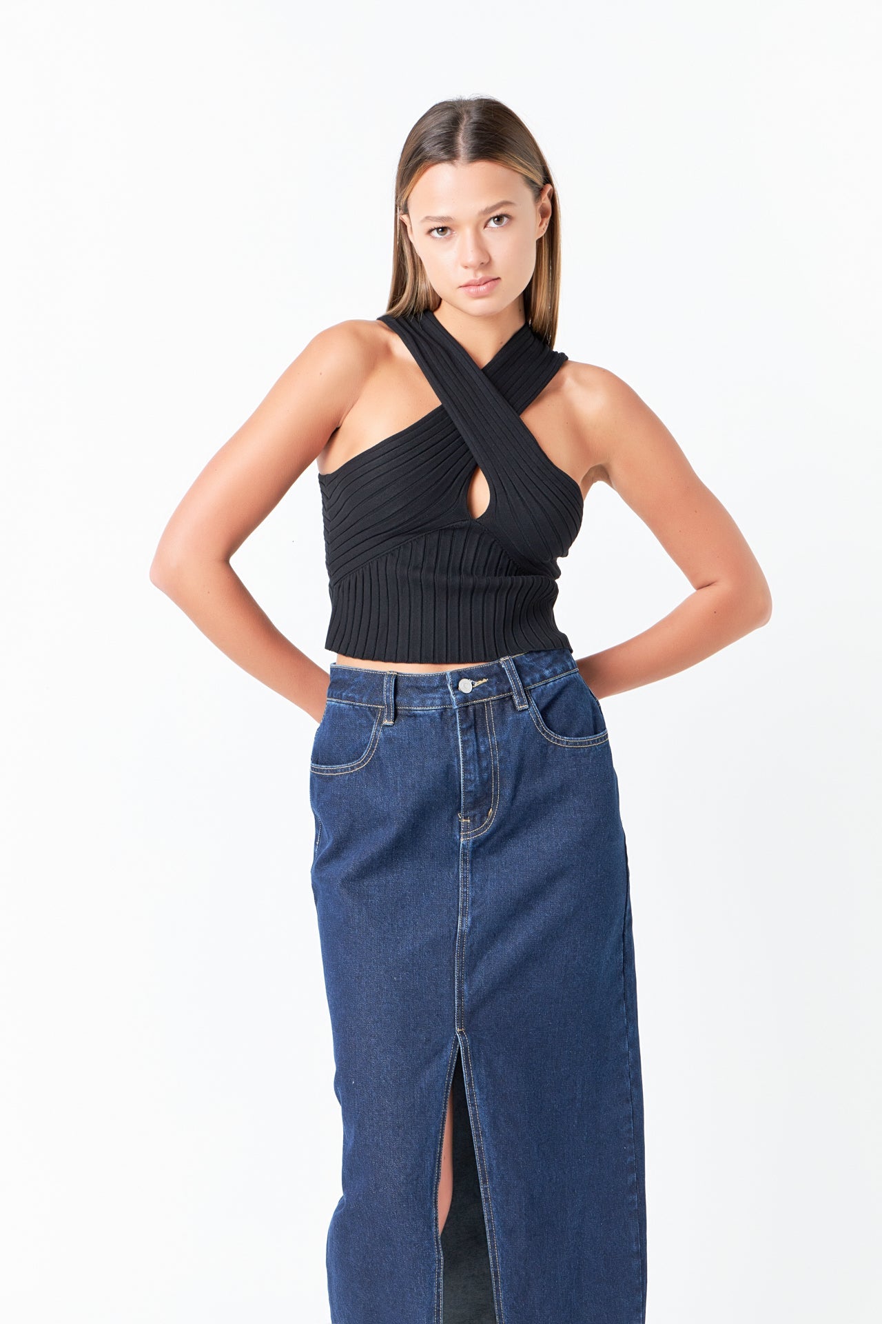 GREY LAB - Fine Rib Knit Halter Peekaboo Top - TOPS available at Objectrare