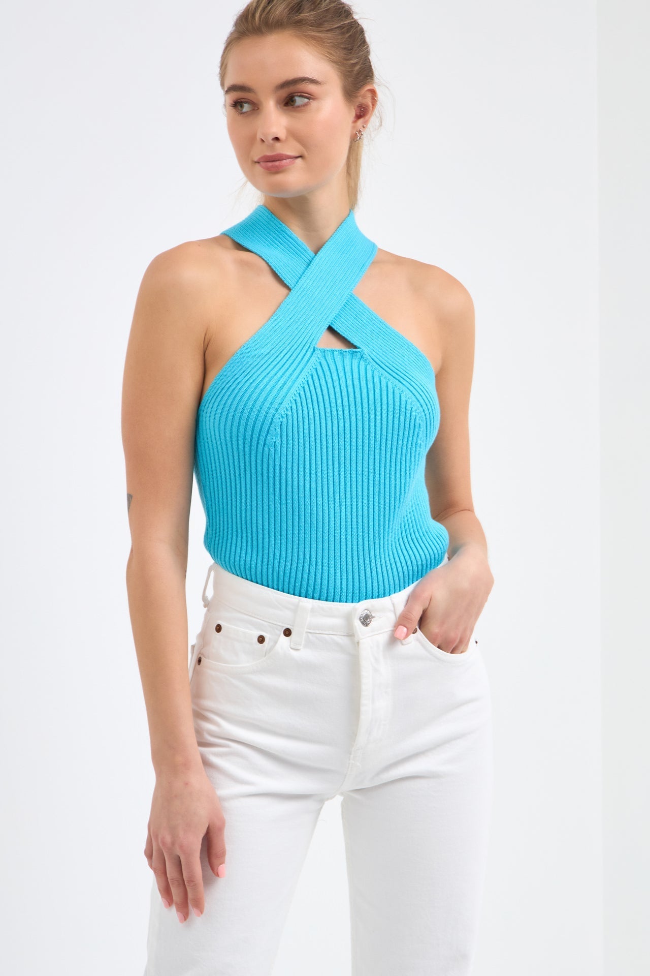 ENDLESS ROSE - Cross Haltered Soft Rib Knit Tank - CAMI TOPS & TANK available at Objectrare