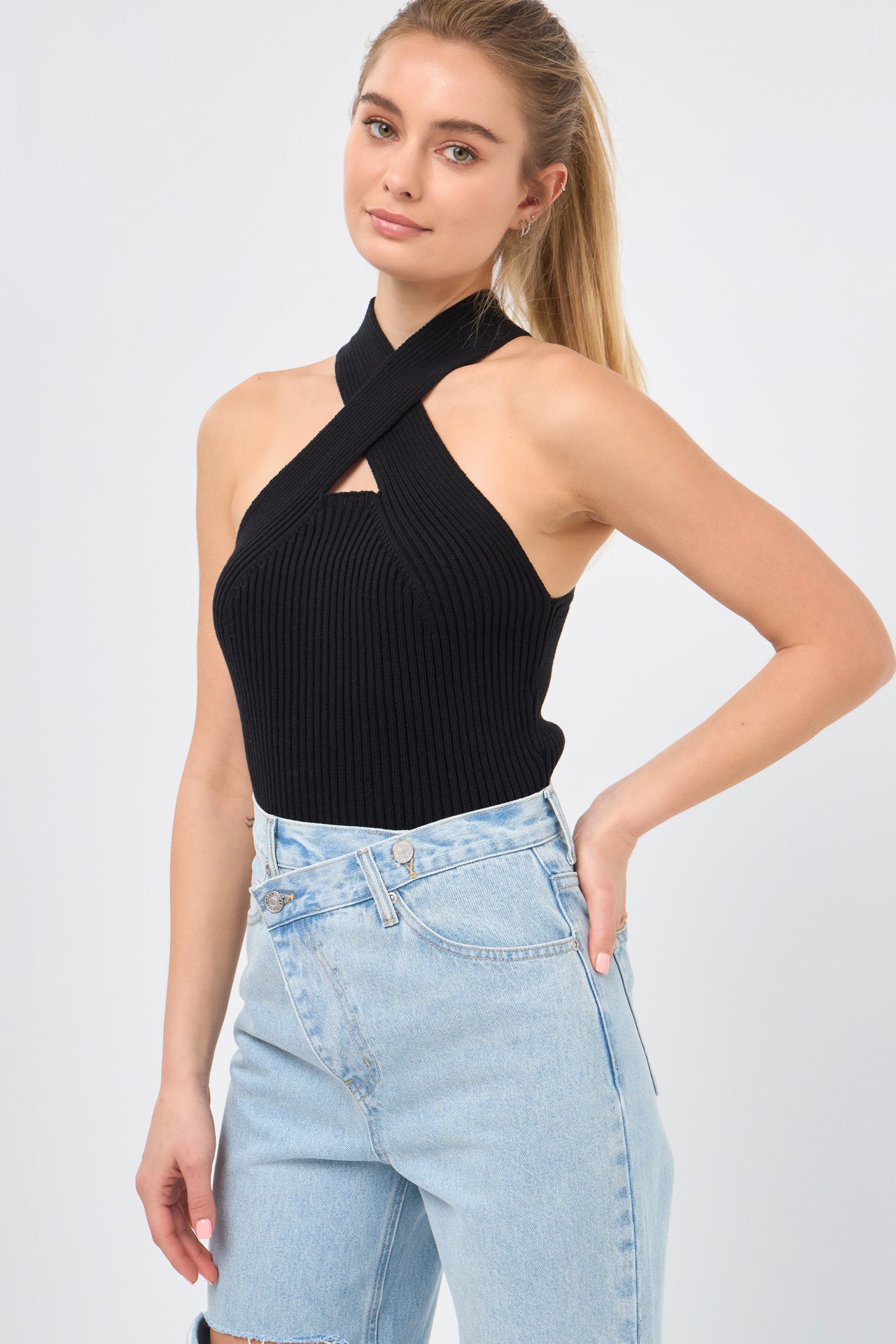 ENDLESS ROSE - Cross Haltered Soft Rib Knit Tank - CAMI TOPS & TANK available at Objectrare