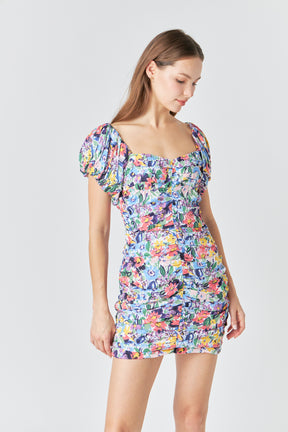 Floral Off the Shoulder Ruched Mini Dress
