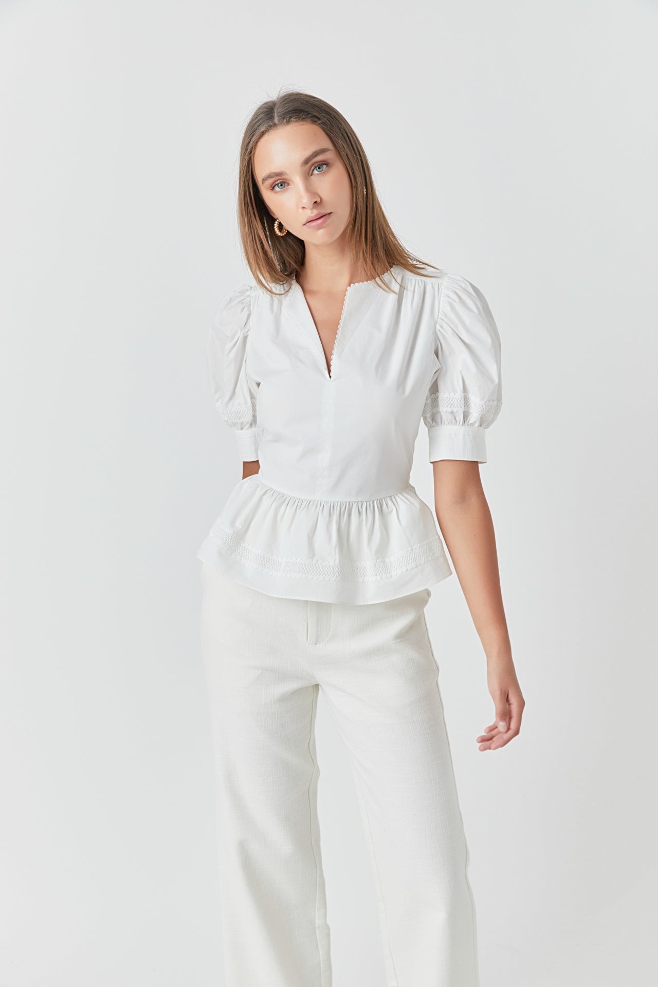 ENDLESS ROSE - Placket Lace Trim Baby Doll Top - TOPS available at Objectrare