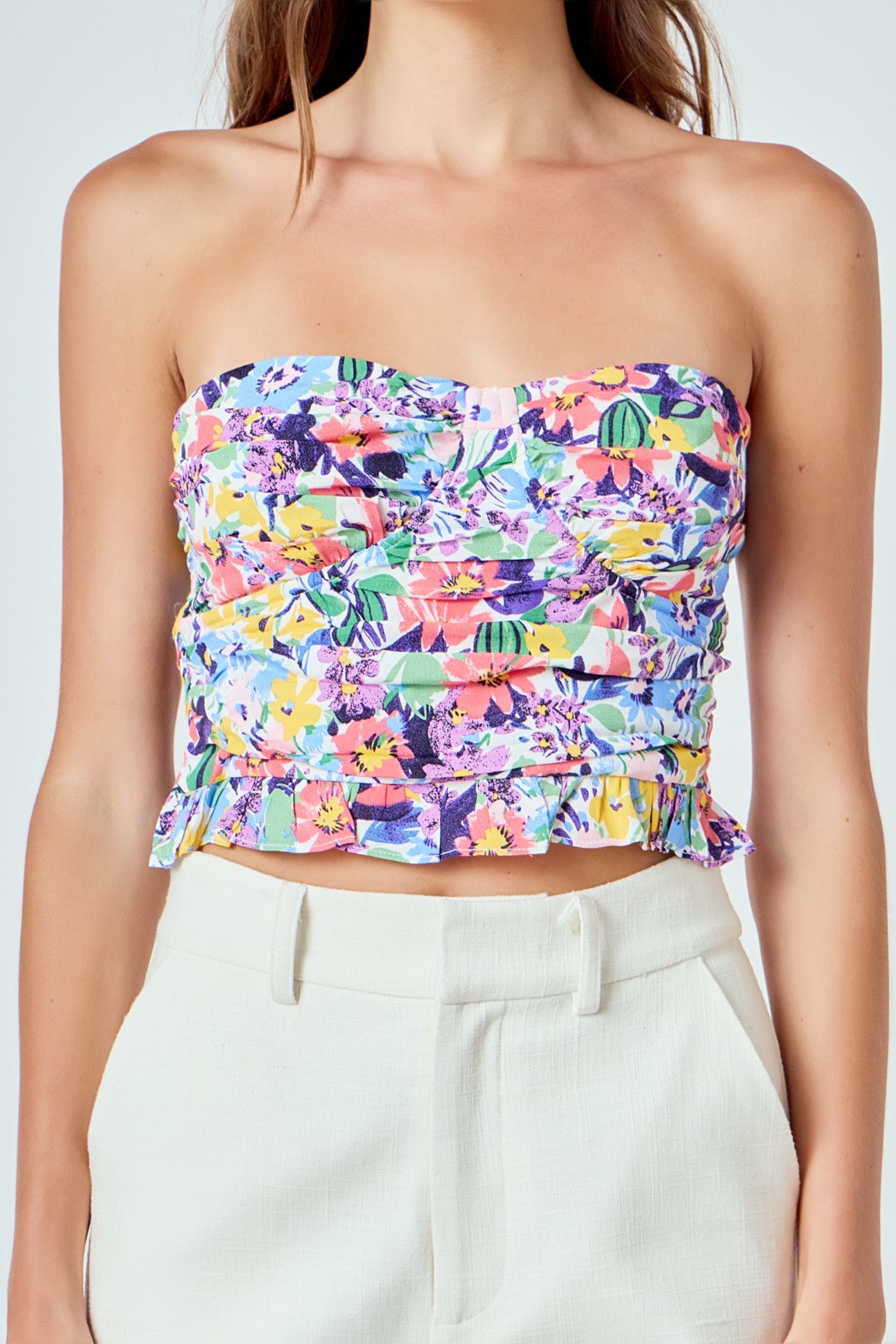 ENDLESS ROSE - Floral Ruched Strapless Top - TOPS available at Objectrare