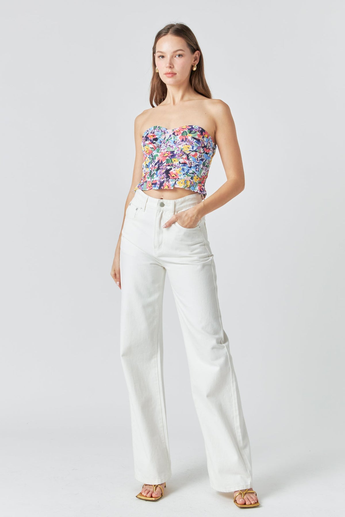 ENDLESS ROSE - Floral Ruched Strapless Top - TOPS available at Objectrare