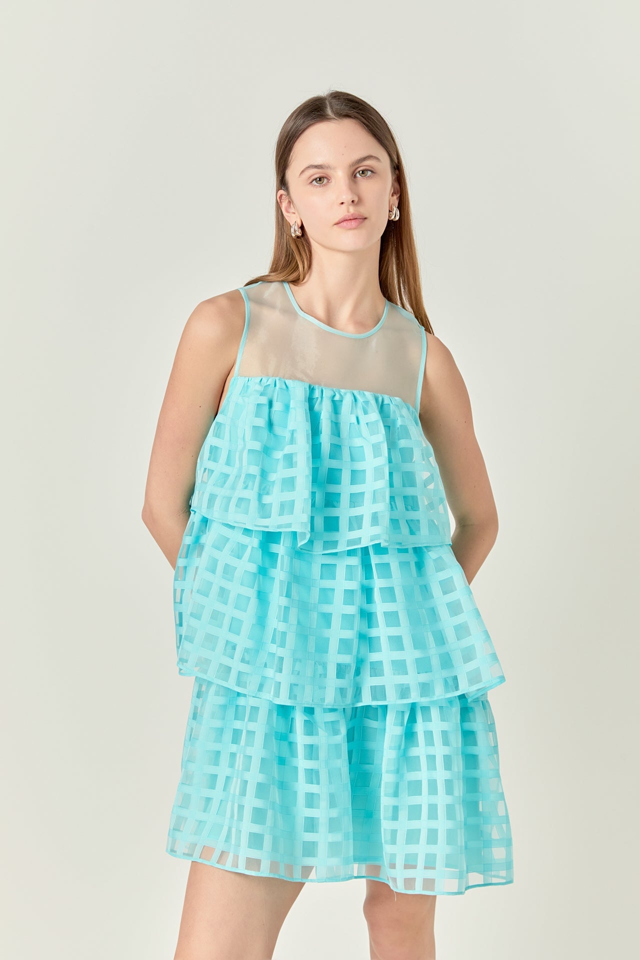 ENGLISH FACTORY - Organza Gridded Tiered Sleeveless Mini Dress - DRESSES available at Objectrare