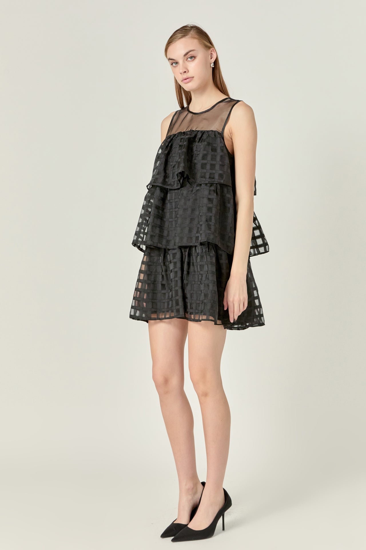 ENGLISH FACTORY - Organza Gridded Tiered Sleeveless Mini Dress - DRESSES available at Objectrare