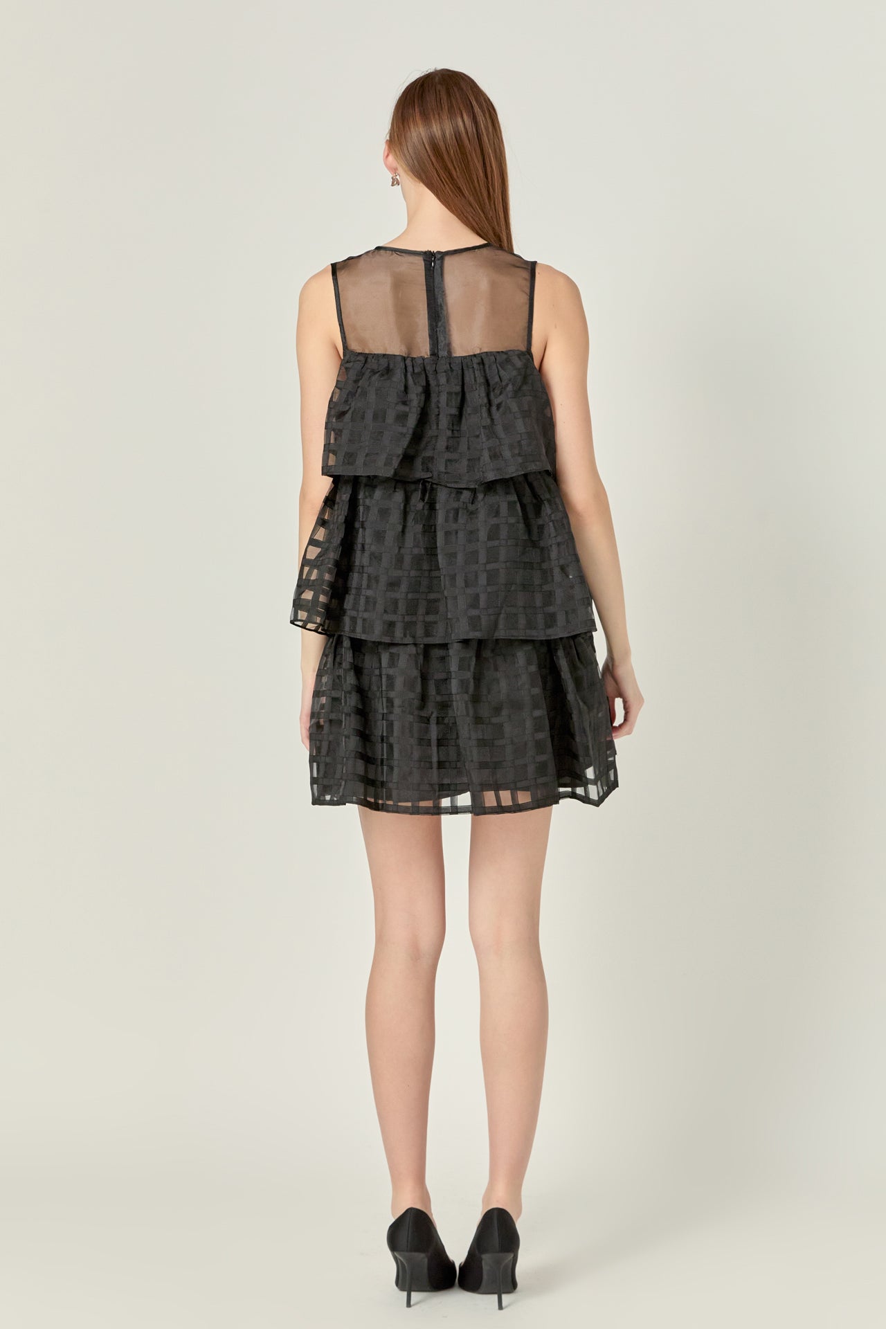 ENGLISH FACTORY - Organza Gridded Tiered Sleeveless Mini Dress - DRESSES available at Objectrare
