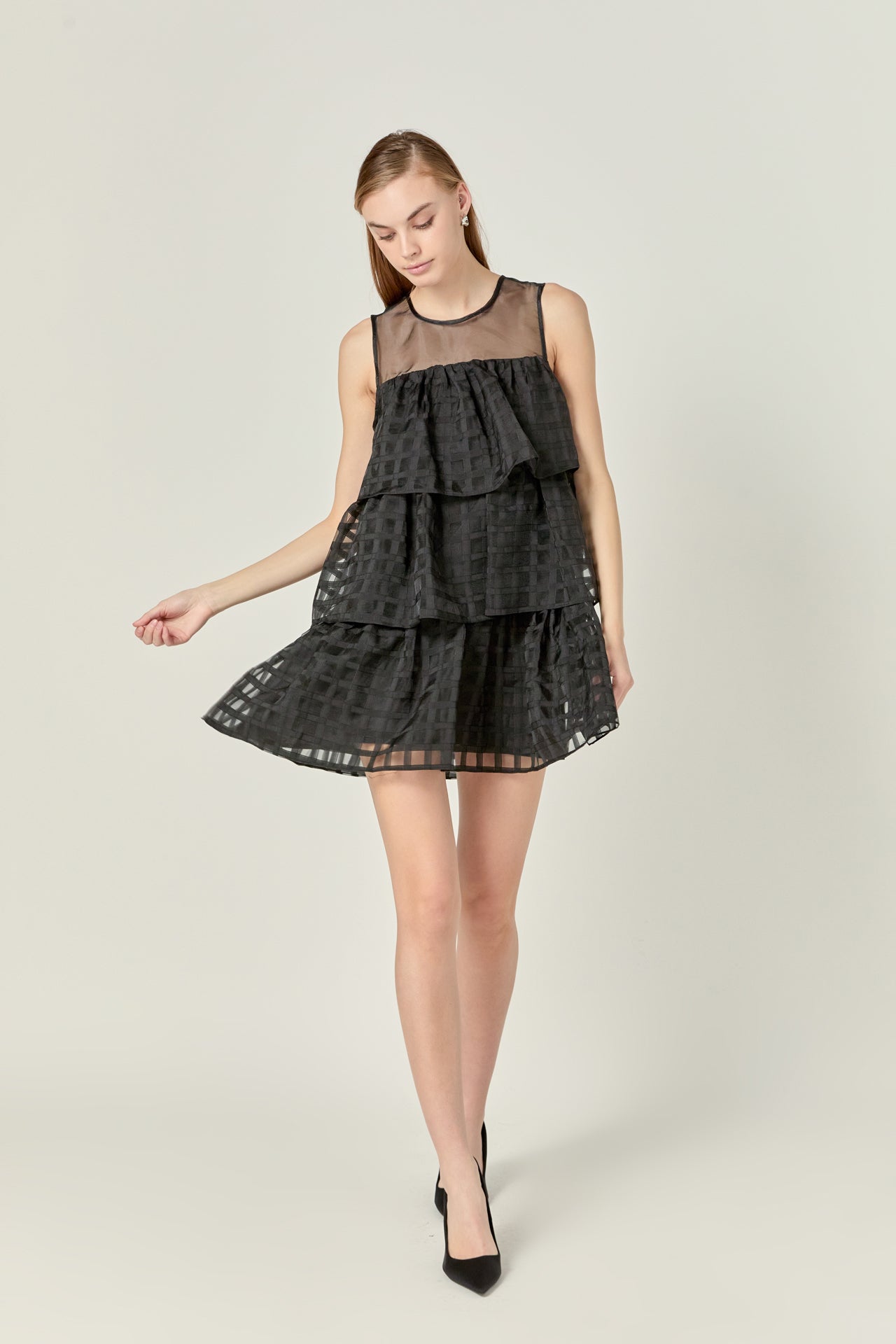 ENGLISH FACTORY - Organza Gridded Tiered Sleeveless Mini Dress - DRESSES available at Objectrare