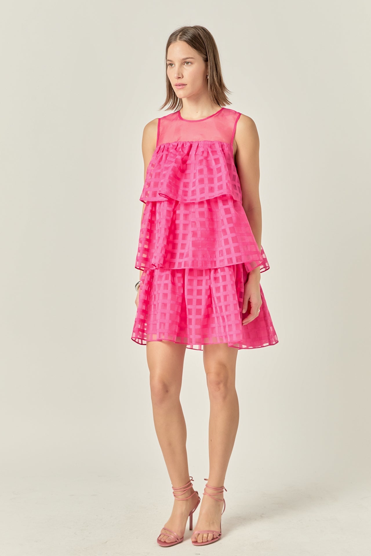 ENGLISH FACTORY - Organza Gridded Tiered Sleeveless Mini Dress - DRESSES available at Objectrare